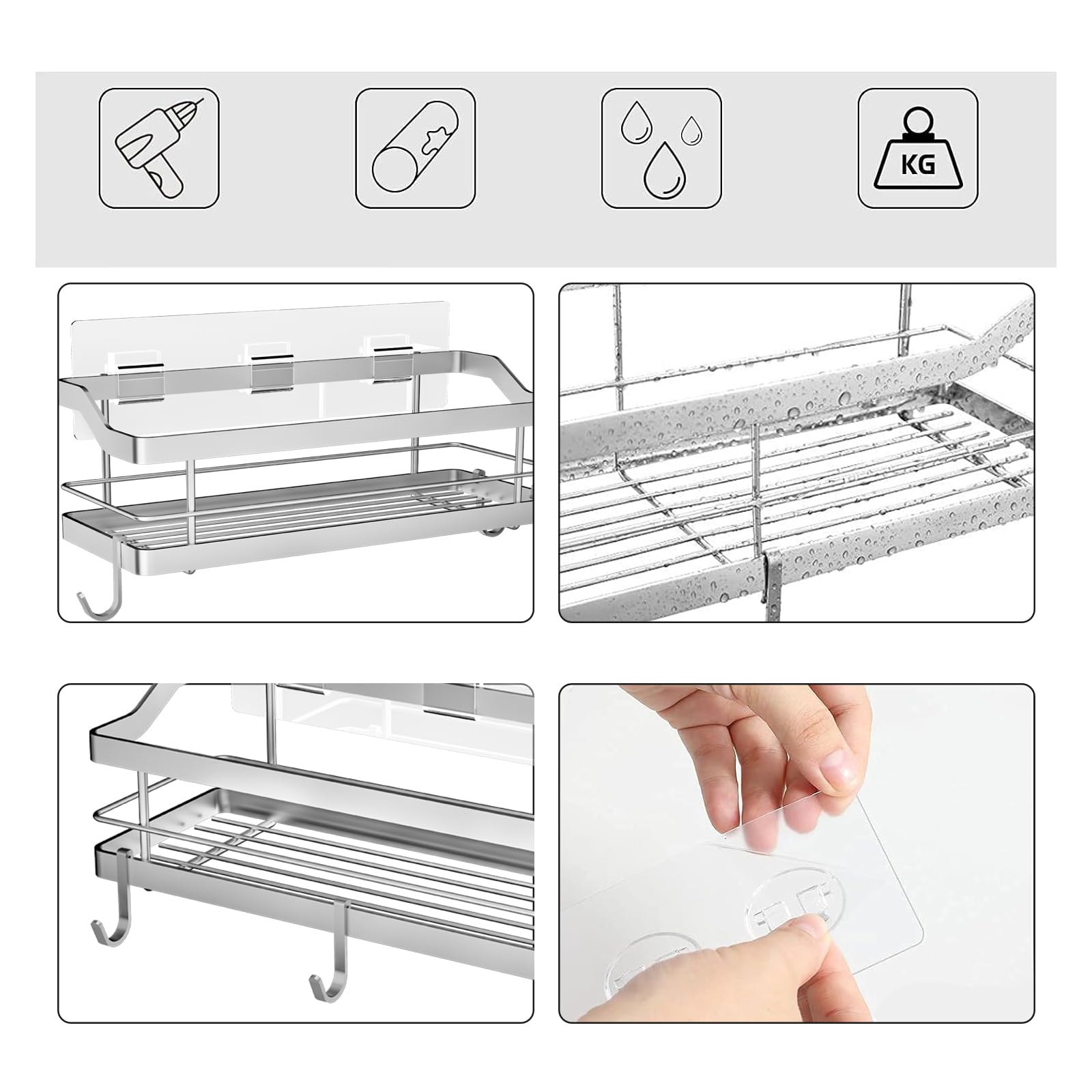 Carwiner 2-Pack Shower Caddy with 8 Hooks - SUS304 Stainless Steel Bathroom Shelf & Wall Mounted Storage Organizer for Shampoo, Conditioner & Kitchen Supplies | No Drilling Installation | Perfect for Small Bathrooms & Apartment Living