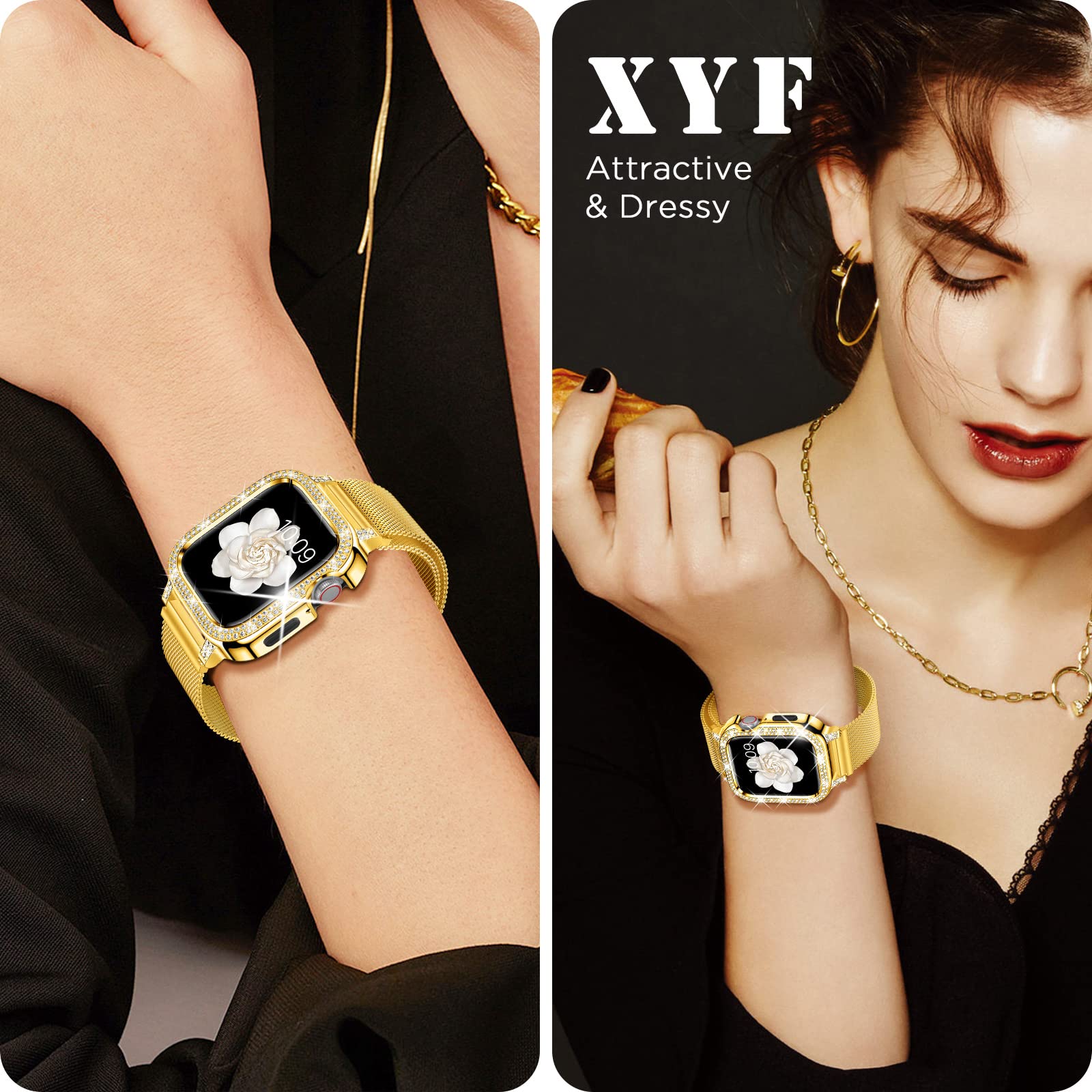 XYF Luxury Stainless Steel Magnetic Milanese Loop Band for Apple Watch Series 9/8/7/6/SE/5/4 - 45mm 44mm 41mm 40mm Women's Dressy Rhinestone Strap with Bumper Protection | Perfect for Work, Parties & Everyday Wear