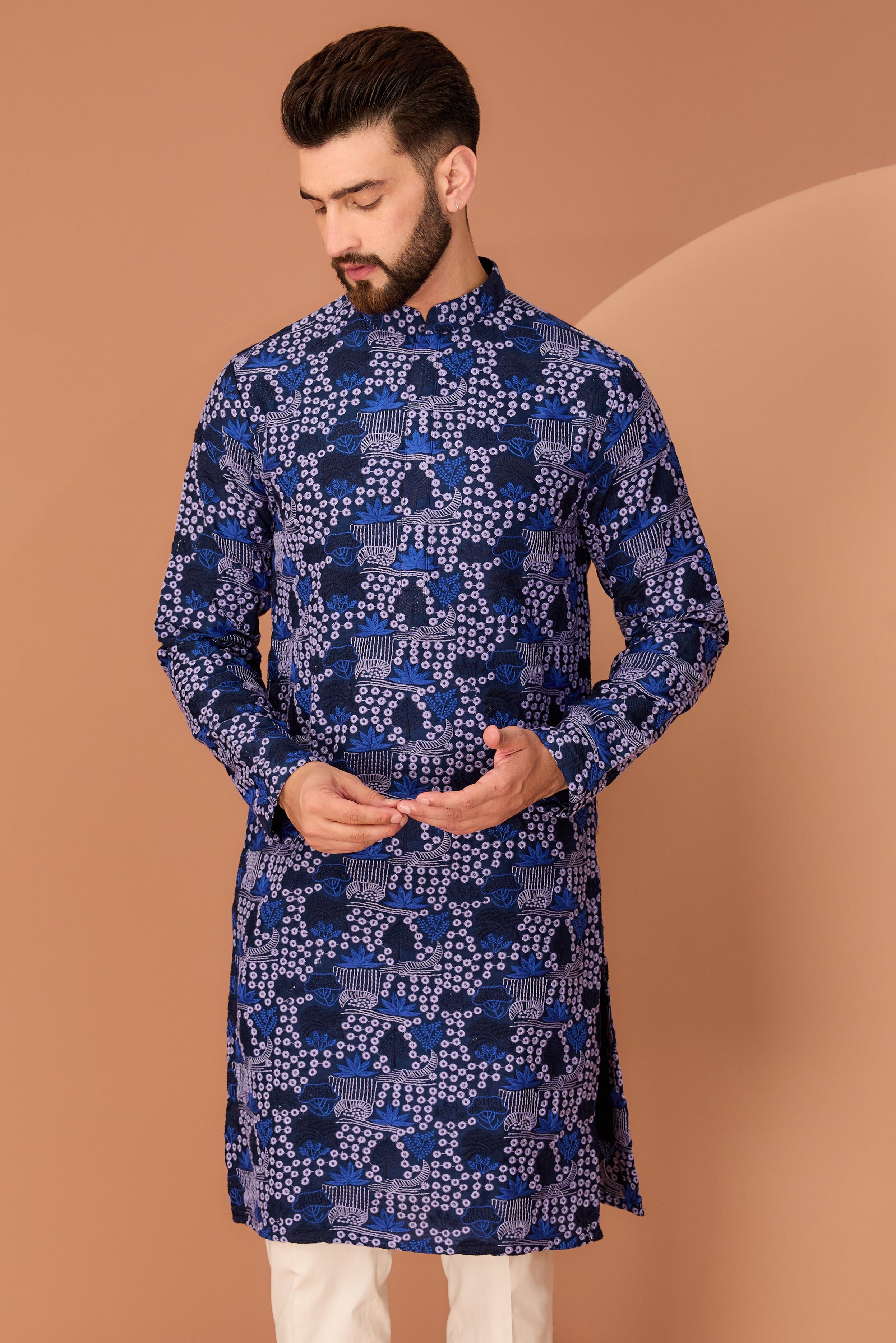 Exquisite Navy Blue Floral Kurta with Intricate Multi-Thread Embroidery - Perfect for Festivals, Weddings & Ethnic Occasions