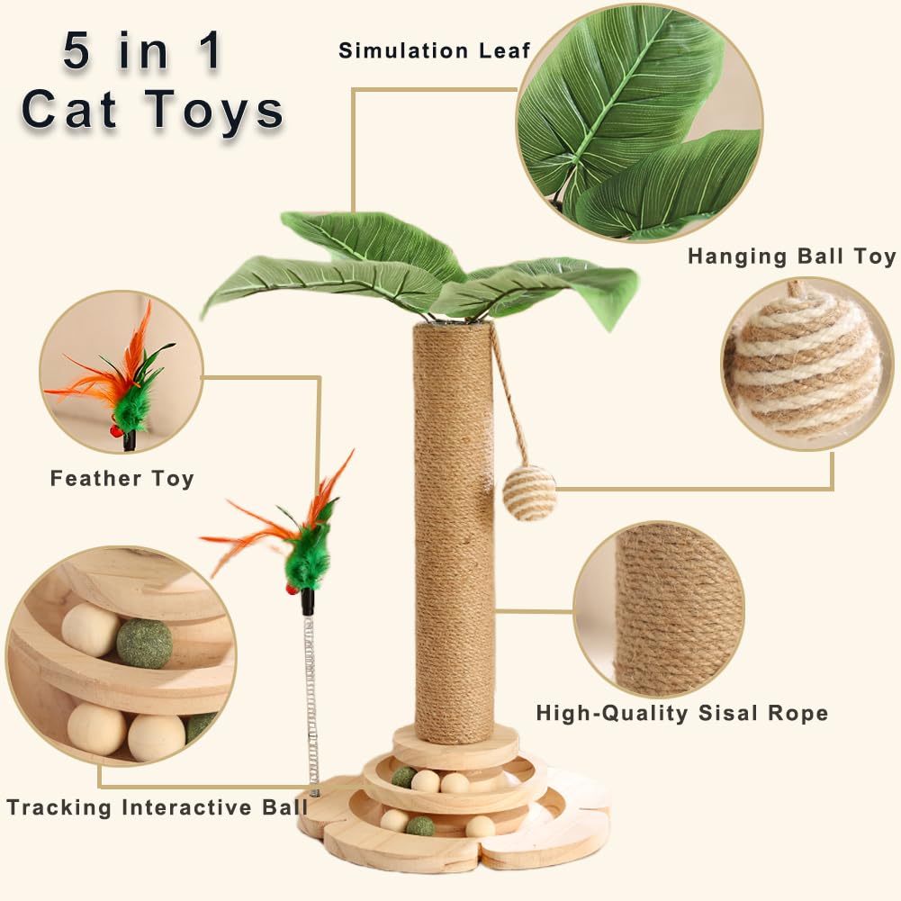 Marchul 2-Level Cat Scratching Post with Interactive Track Ball Tower Toy - Sisal Rope & 3D Leaf Design for Indoor Cats & Kittens | Mental & Physical Exercise Toy for Playtime, Training & Home Decor