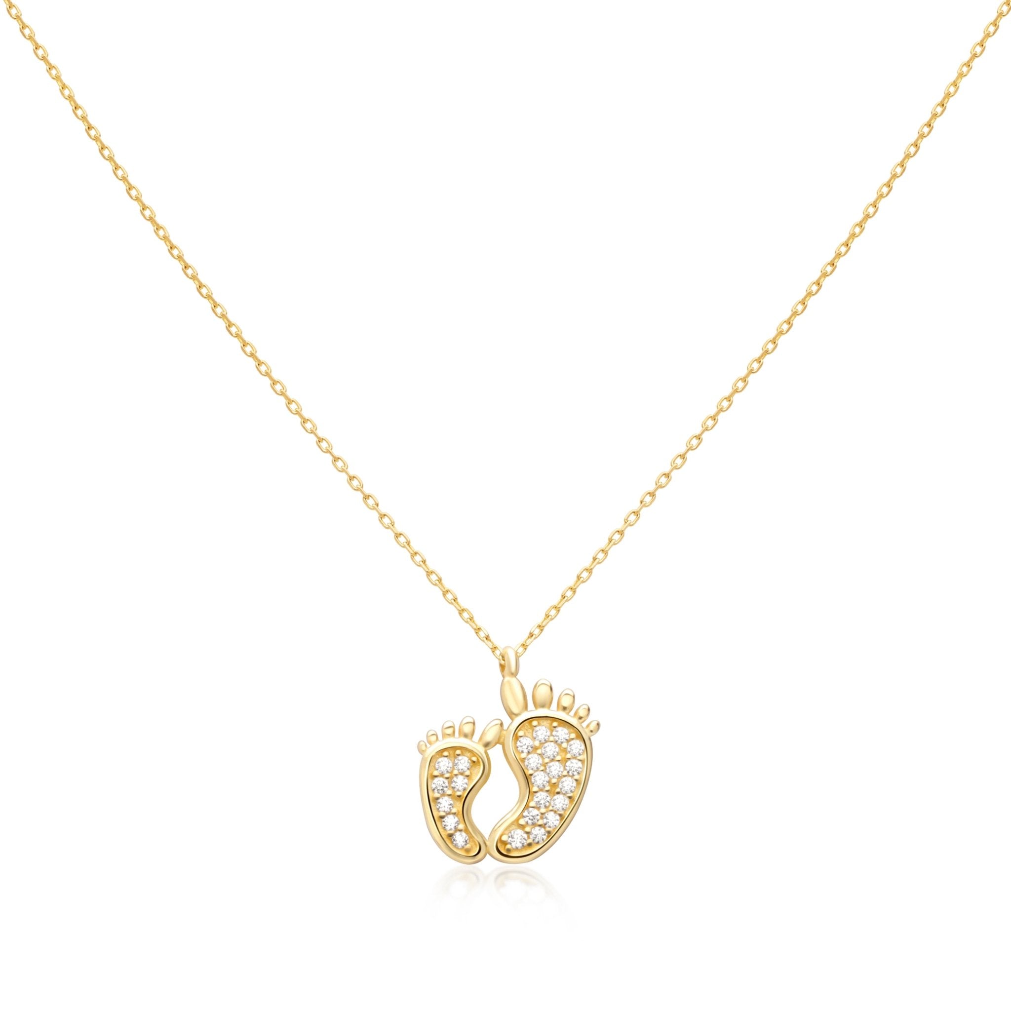 14K Solid Yellow Gold Baby Feet Sapphire Necklace - Elegant Mother & Child Jewelry Gift for Newborn, Christening, Baptism & Special Occasions