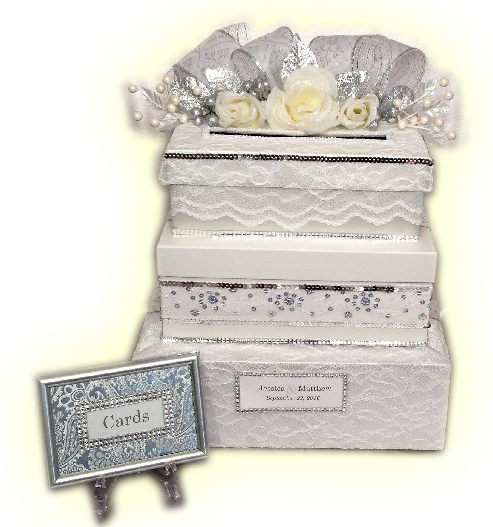 Elegant White Lace Satin Wedding Card Holder - Handmade 3-Tier Stacked Card Box for Weddings, Sweet 16 & Quinceañeras | Perfect for Reception Gift Tables & Bridal Showers