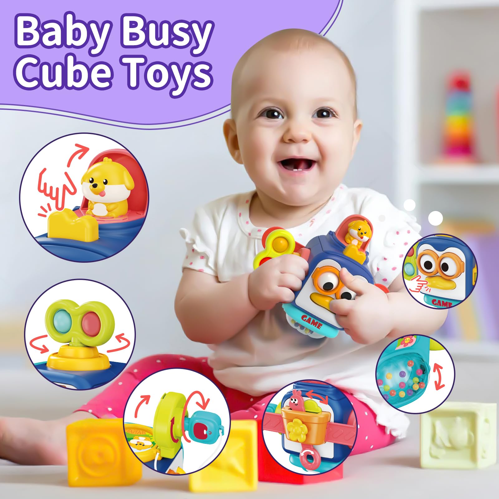 Montessori Toys for 1-3 Year Old Babies - Sensory Busy Board with Pull String Teether & Stacking Blocks - 3-in-1 Travel Learning Toy Gift for Toddlers Boys & Girls - Perfect for Airplane, Car Rides & Early Childhood Development