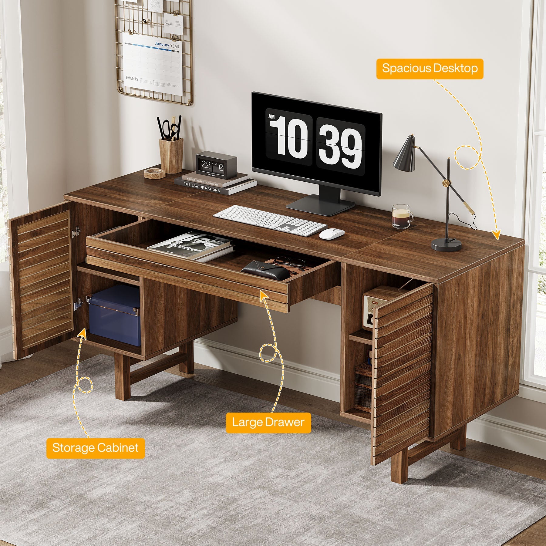 Solid Wood Computer Desk - 59 Inch Home Office Desk with Storage Drawers, Ergonomic Study Desk for Work from Home & Remote Learning