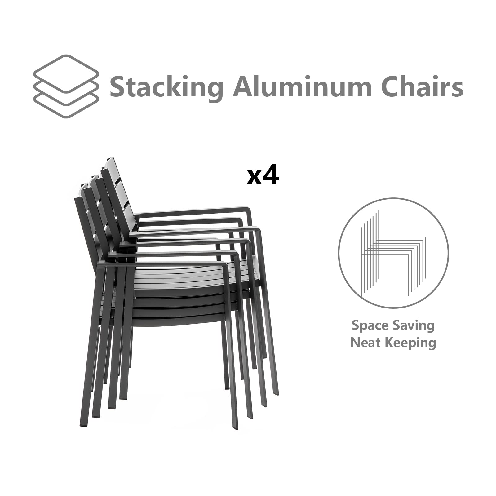 **4-Piece Patio Dining Chairs Set - Stackable Outdoor Chairs with Aluminum Frame & Wide Seats - Grey Backyard & Garden Furniture for Dining, Lounging & Entertaining**