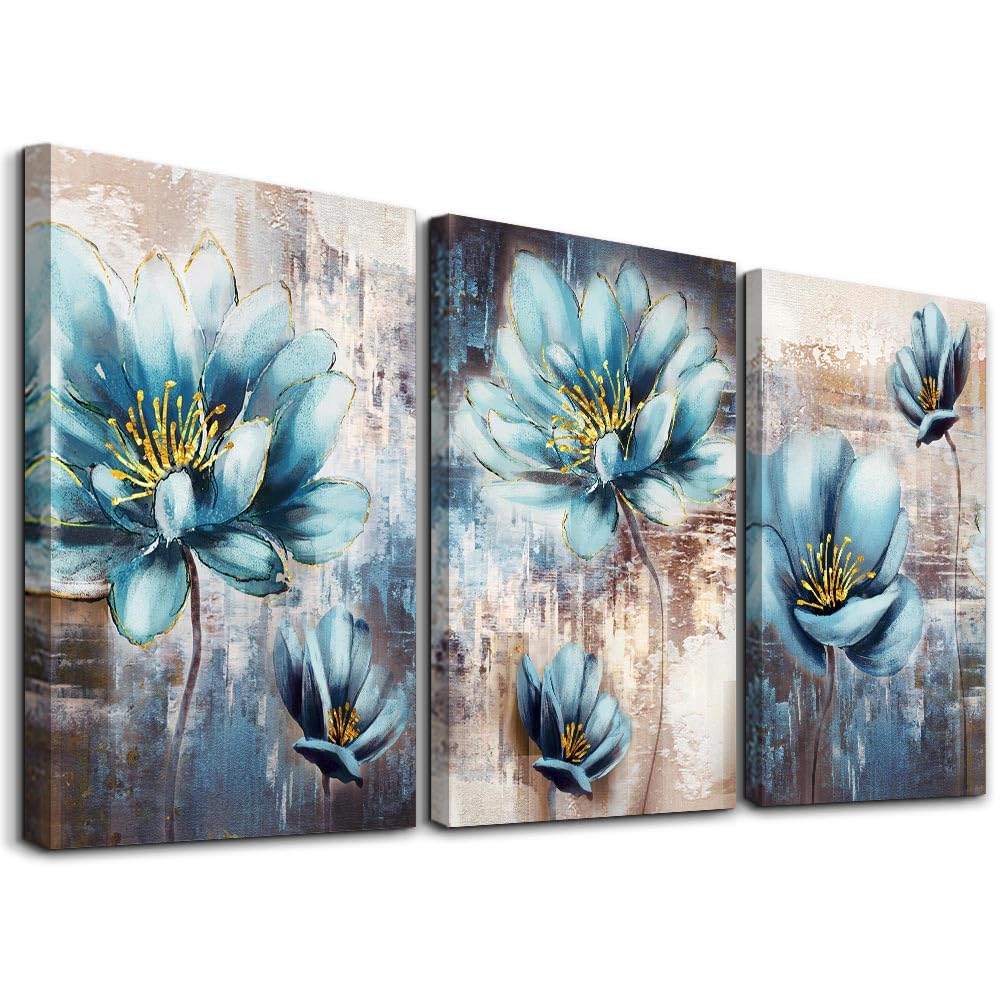 Lapremoly Abstract Blue Flowers Canvas Wall Art Set - 12x16 Inch 3-Piece Modern Wall Decor for Living Room, Bedroom, Office & Kitchen | Perfect for Home Decor, Housewarming Gifts & Interior Design