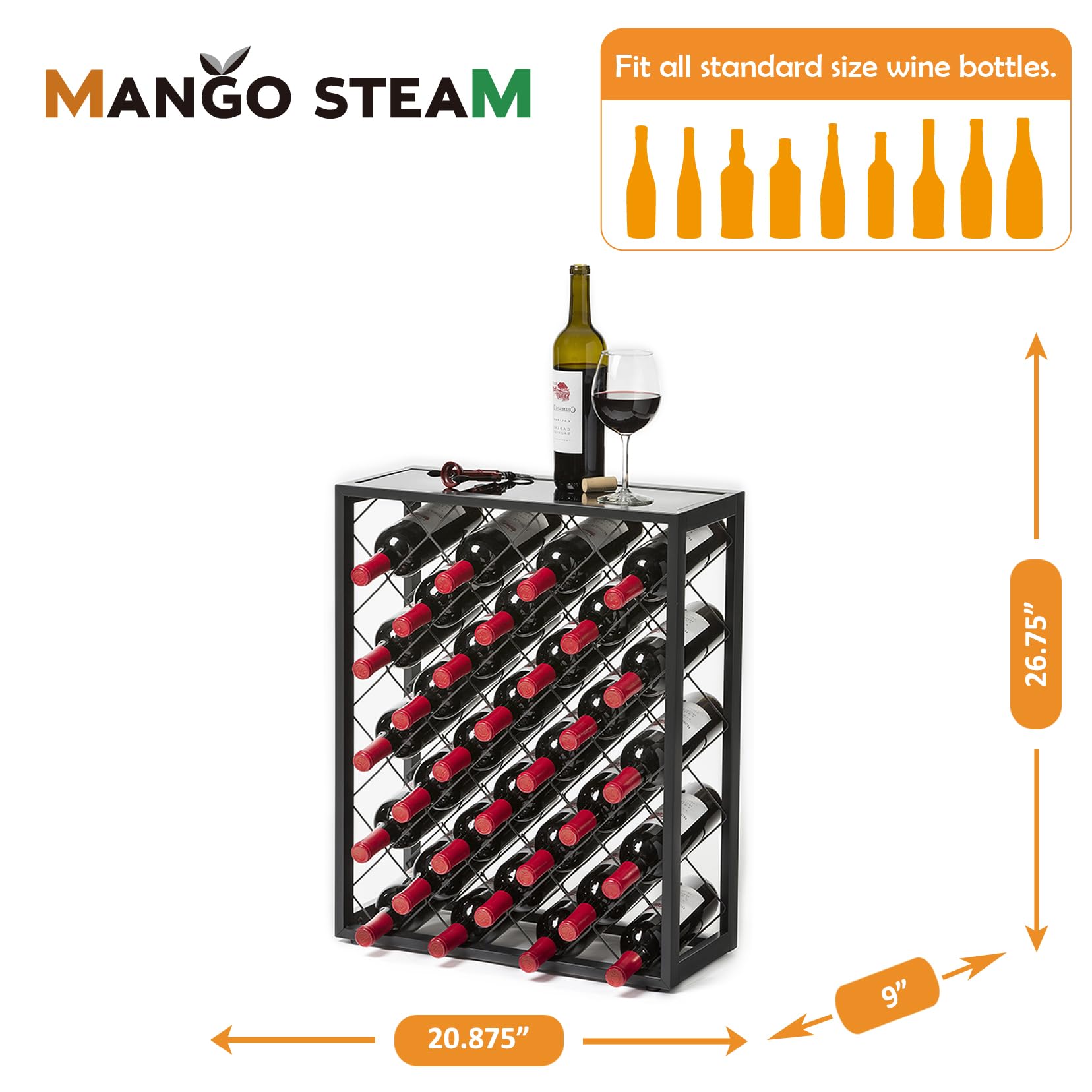 Premium 32-Bottle Mango Wood Wine Rack with Tempered Glass Top Shelf - Freestanding Wine Storage for Home, Kitchen, Bar & Dining Room - Perfect for Wine Cellars, Entertaining & Displaying Your Collection