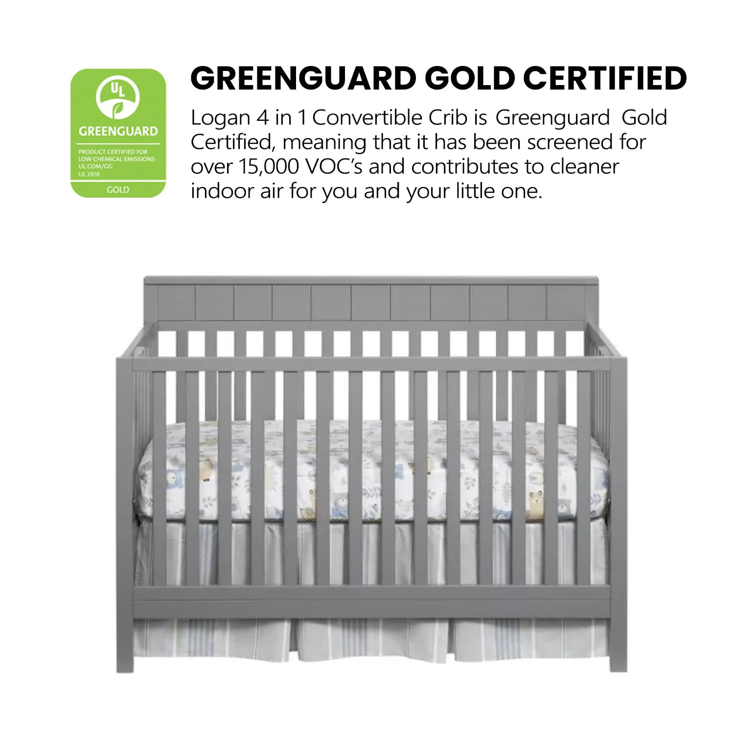 Oxford Baby Logan 4-in-1 Convertible Crib - GREENGUARD Gold Certified, Safe Non-Toxic Nursery Furniture for Newborn to Toddler (Dove Gray) | Perfect for Small Spaces, Daycare Centers & Modern Nursery Decor