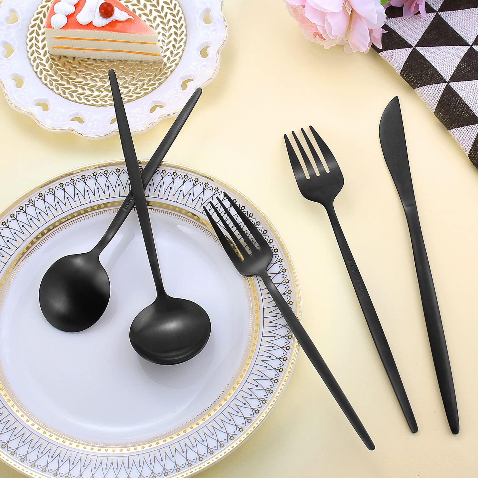 LAZAHOME 40-Piece Matte Black Stainless Steel Flatware Set for 8 - Satin Polished Cutlery Set with Spoons & Forks - Dishwasher Safe Kitchen Utensils for Dinner Parties, Restaurants & Home Dining
