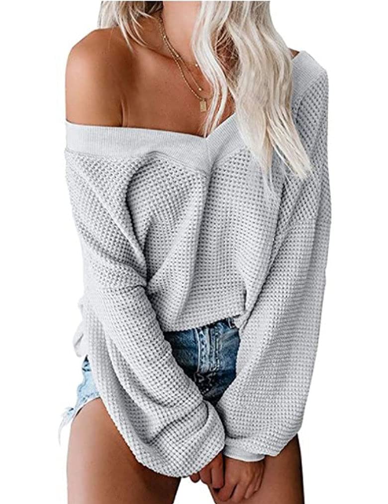 Tobrief Women's V Neck Long Sleeve Waffle Knit Pullover Sweater - Oversized Off Shoulder Casual Top for Fall & Winter | Perfect for Layering, Coffee Dates, and Weekend Outfits