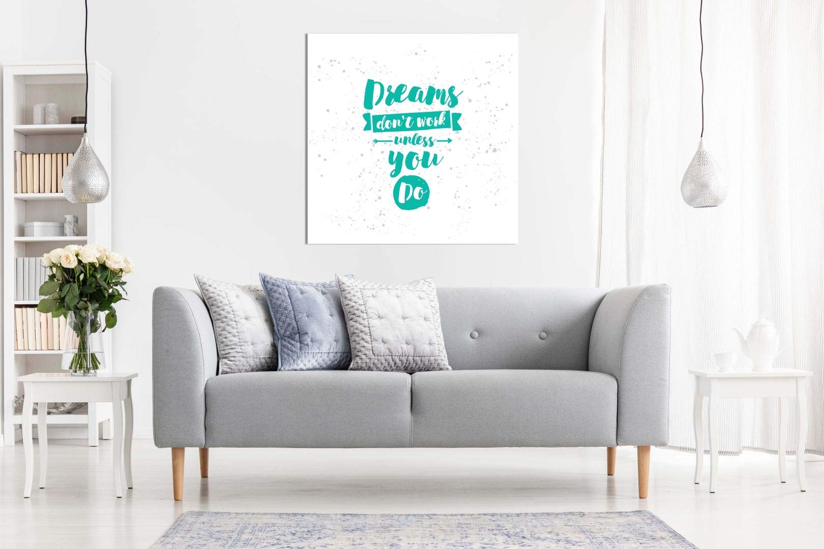 Dreams Don't Work Unless You Do - Motivational Wall Art Print on Mint Green & White Canvas (12x12 Inches) - Perfect for Home Office Decor, Bedroom Inspiration or Gift for Graduates