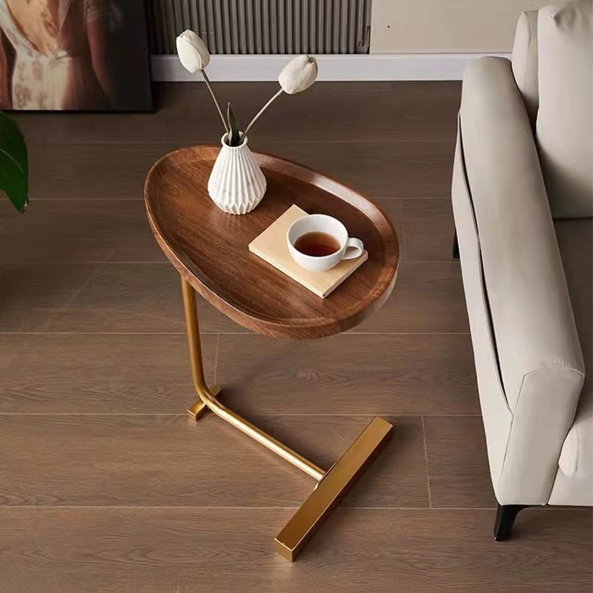 Modern Round C-Shaped Side Table with Gold Frame & Oval Wood Top - Small Coffee Table for Sofa, Bedside, Living Room | Perfect as TV Tray, Couch Table & Nightstand for Home Decor