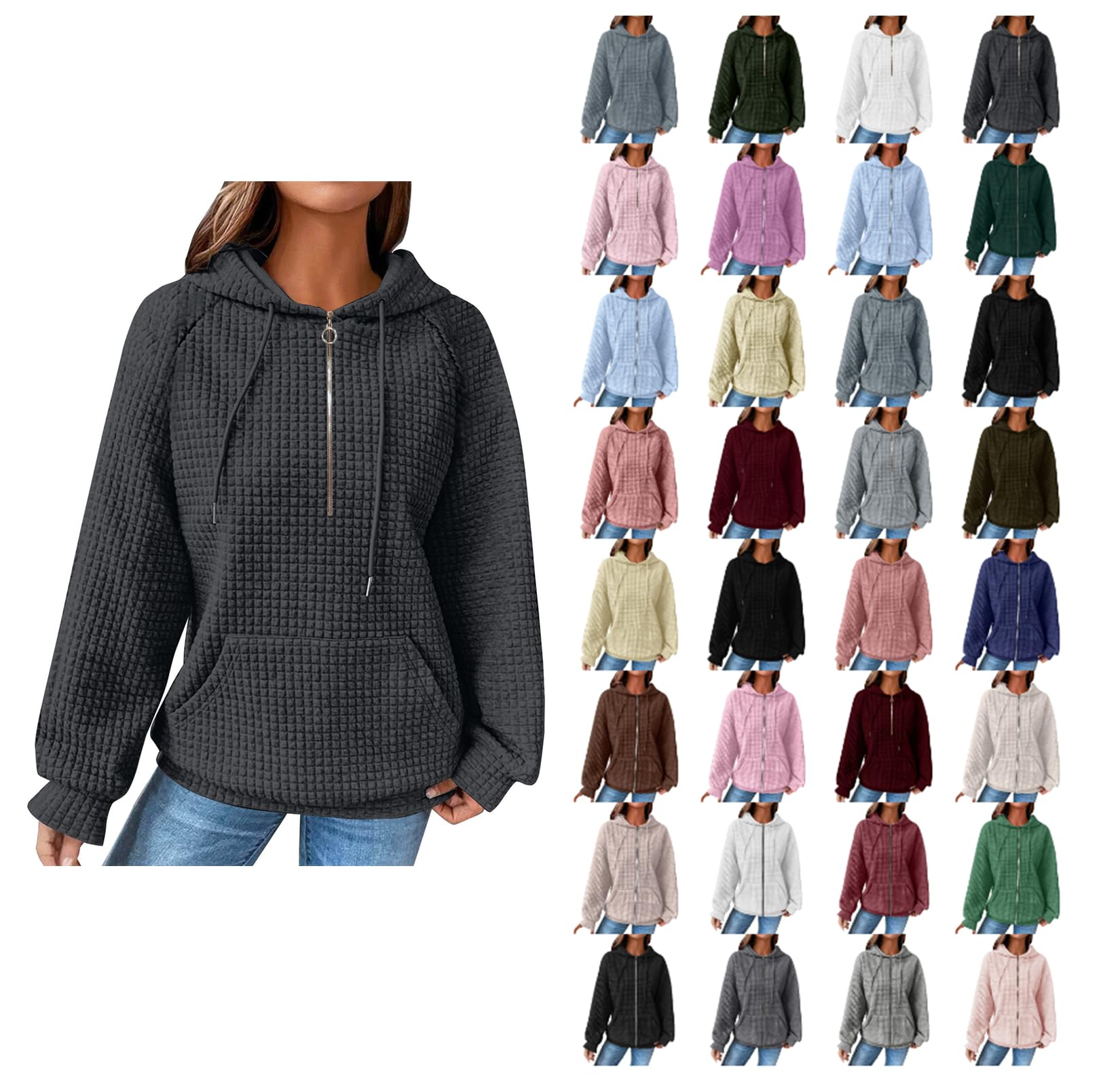 Trendy Women's Waffle Hooded Sweatshirt with Pockets & Zipper - Loose Fit Casual Long Sleeve Pullover for Fall Fashion, Lounge Wear & Outdoor Activities