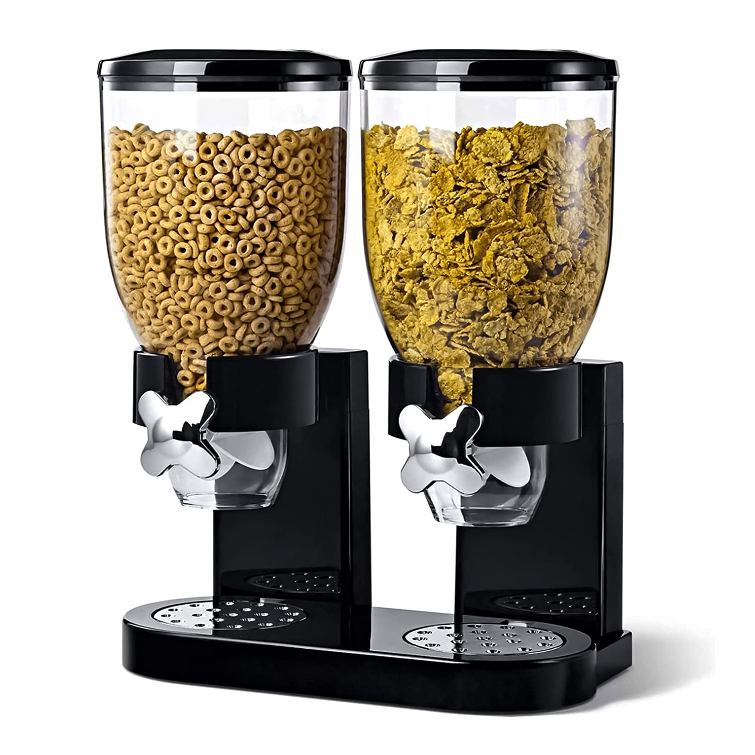 Premium Single/Double Plastic Dry Food Dispenser with Twist Dial - Accurate Portion Control for Cereals, Nuts & Snacks - Airtight Storage Keeps Food Fresh - Ideal for Kitchen, Pantry & Office (Black, Double Pack)