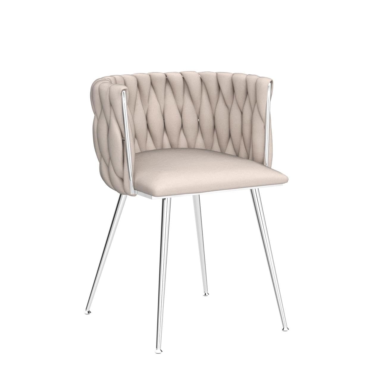 LukeAlon Modern Linen Dining Chairs Set of 2 - Woven Backrest Leisure Chairs with Silver Metal Legs, Upholstered Side Chairs for Living Room, Kitchen, Dining Room & Vanity - Beige Home Decor Accent Chairs for Comfortable Seating & Stylish Interior Design