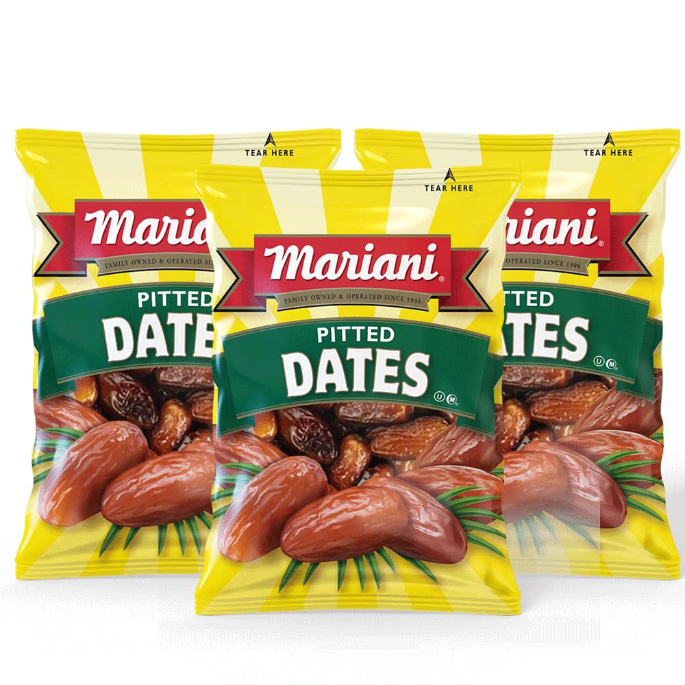 Mariani Pitted Dates - Healthy Vegan & Gluten-Free Snacks for Kids & Adults | Non-GMO, No Sugar Added | 3oz Pack of 4 | Perfect for Lunchboxes, Baking & On-the-Go Snacking