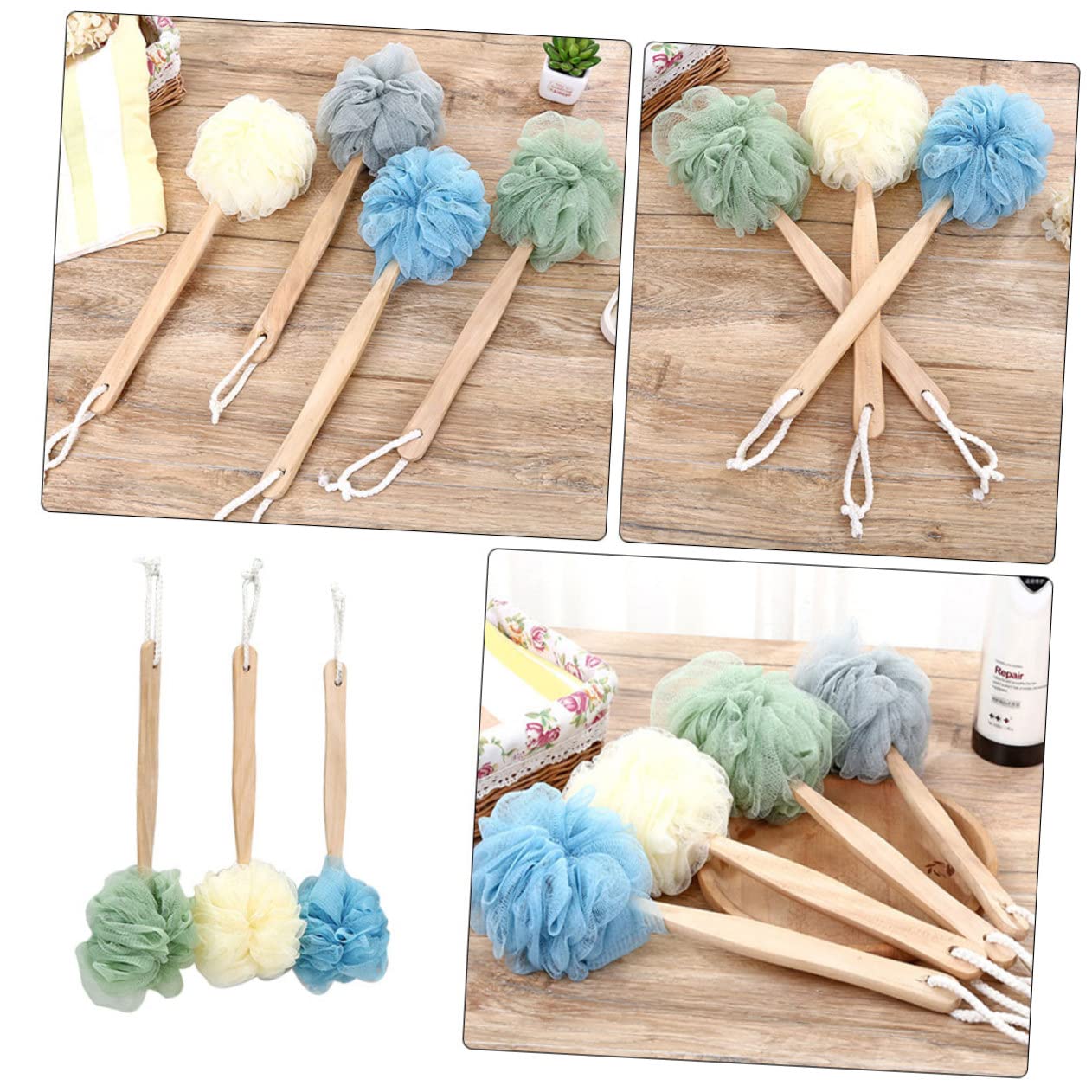 HEMOTON 3-Pack Wooden Back Scrubber with Long Handle - Exfoliating Bath Brush for Deep Cleansing, Body Scrubber & Shower Loofah - Perfect for Spa, Exfoliation & Hard-to-Reach Areas