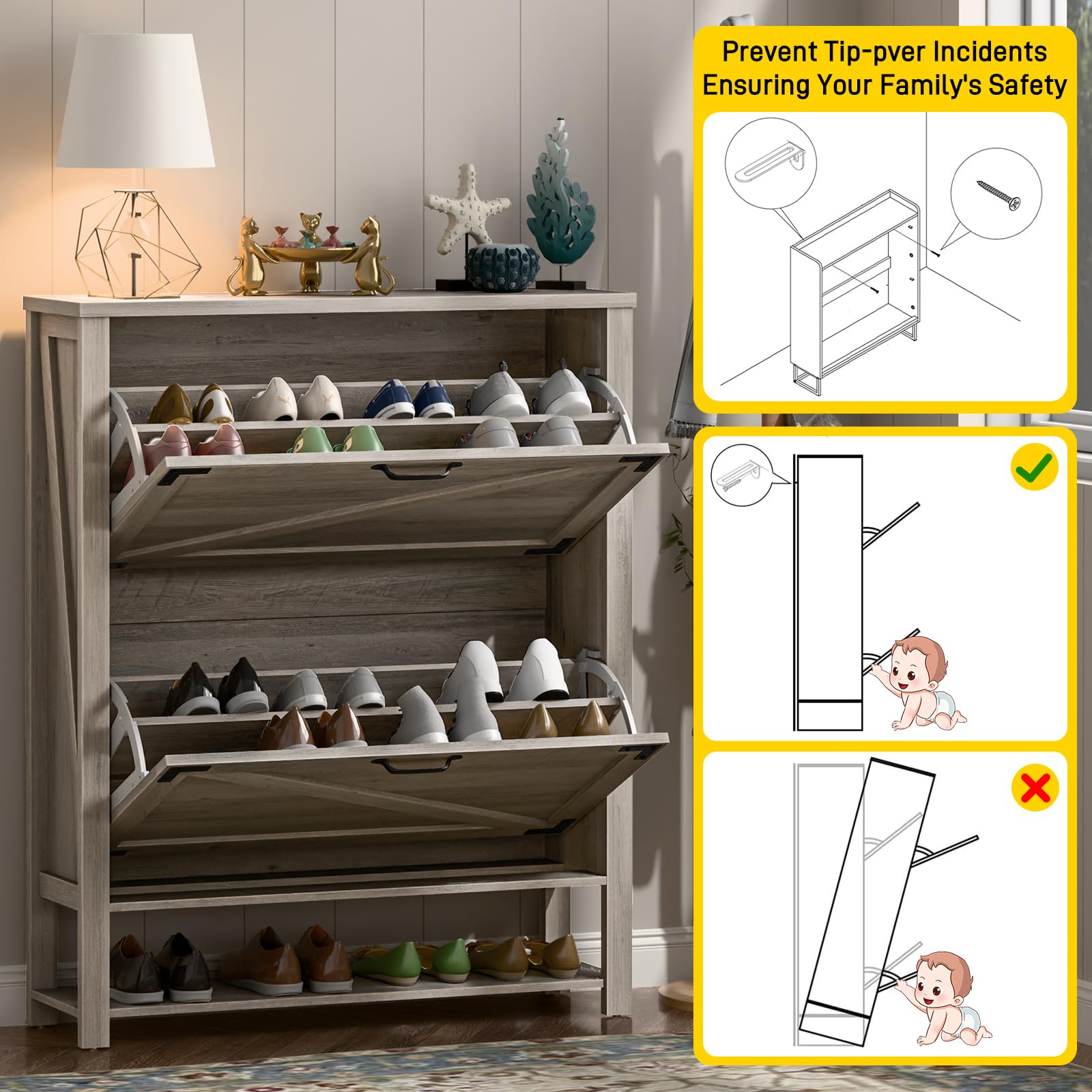 5-Tier Rustic Grey Shoe Storage Cabinet with 2 Flip Drawers - Farmhouse Entryway Organizer, Narrow Freestanding Wooden Shoe Rack for Hallway, Living Room & Bedroom Closet Organization