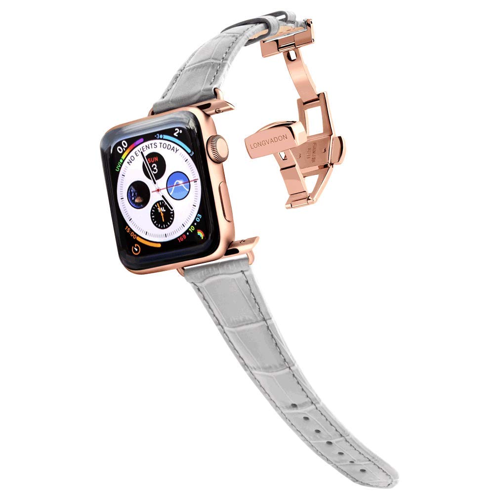 Premium Genuine Leather Apple Watch Band for Women - Compatible with Apple Watch Series 1-8 (38/40/41mm) - Caiman Series Misty Gray & Rose Gold - M Size - Fashionable & Durable Accessory for Work, Gym & Everyday Wear