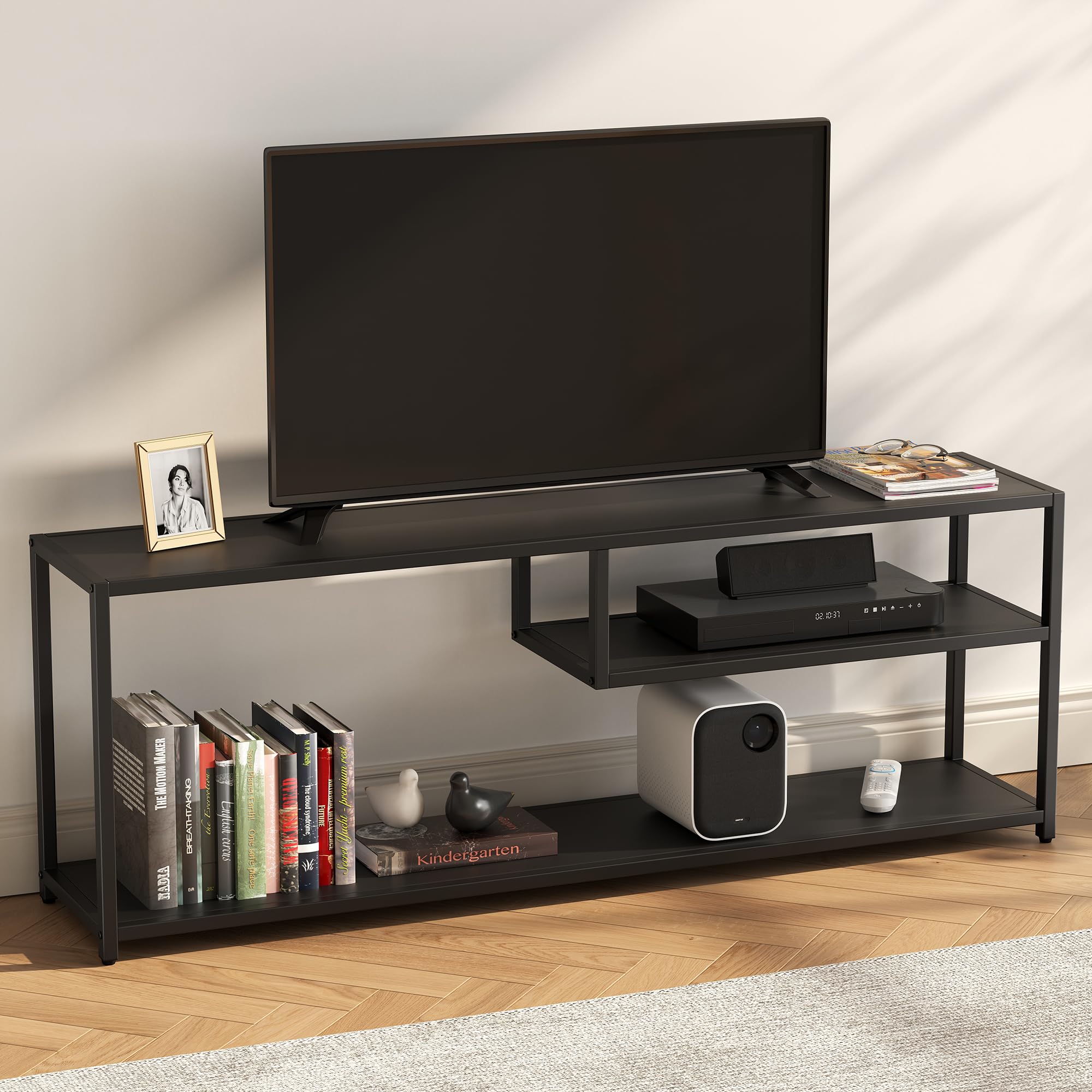 Modern TV Stand for 55 Inch TVs with Storage Shelves - Sturdy Metal Frame Entertainment Center - TV Console Table for Living Room & Bedroom (Black) - Perfect for Home Theater Setup & Space Saving Storage