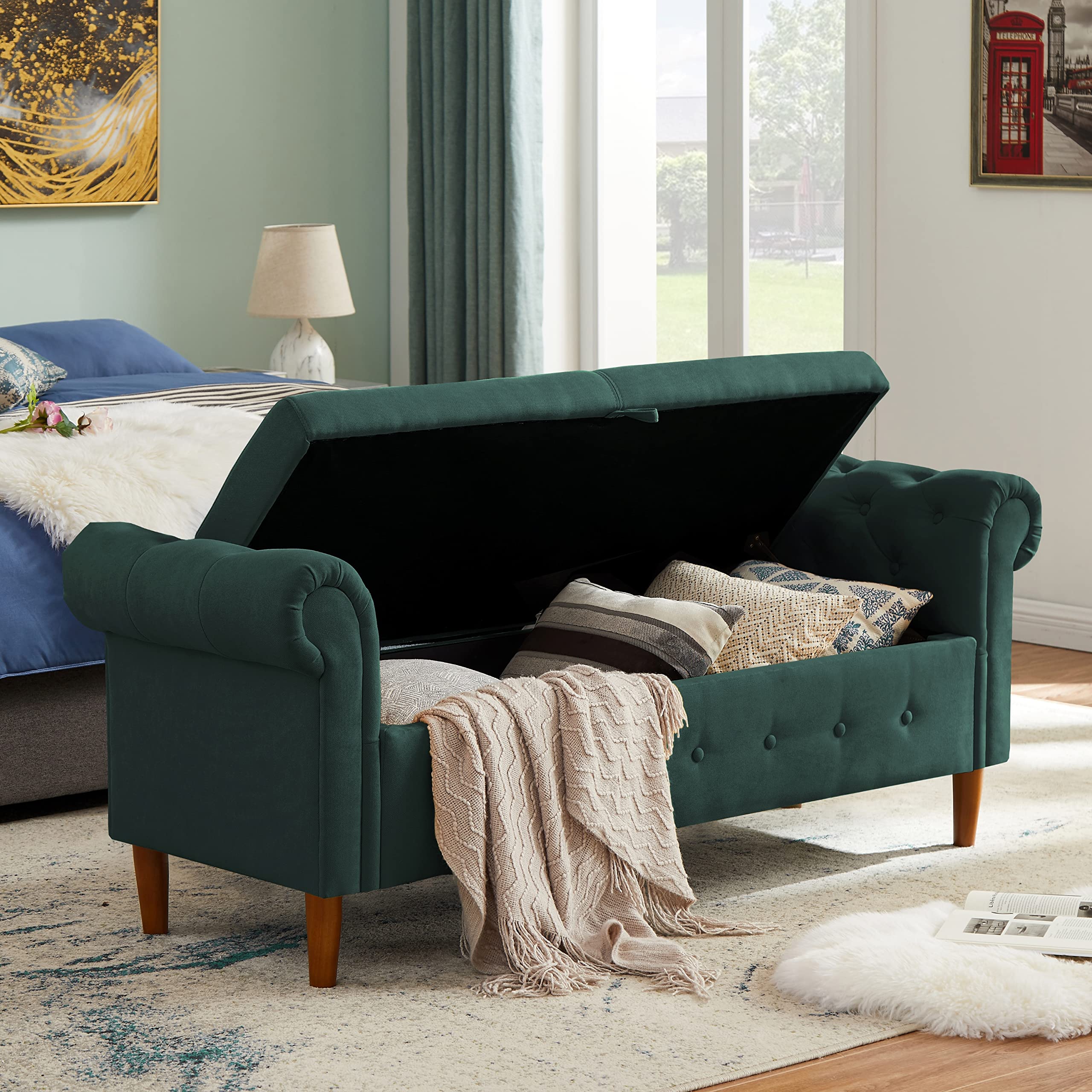 Yoglad Olive Green Multifunctional Storage Ottoman Bench - Rectangular Sofa Stool with Armrest, Contemporary Rolled Arm Design for Living Room, Bedroom & Home Decor (Perfect for Extra Seating & Hidden Storage)
