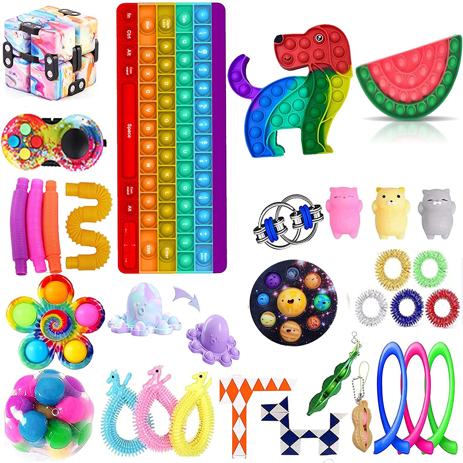 PXIAOPANG 32PCS Sensory Fidget Toys Set - Anti-Anxiety Stress Relief Pack with Keyboard Bubble, Mini Keychain, and Multi-Item Fidget Toys for Kids, Adults, and Classroom Use