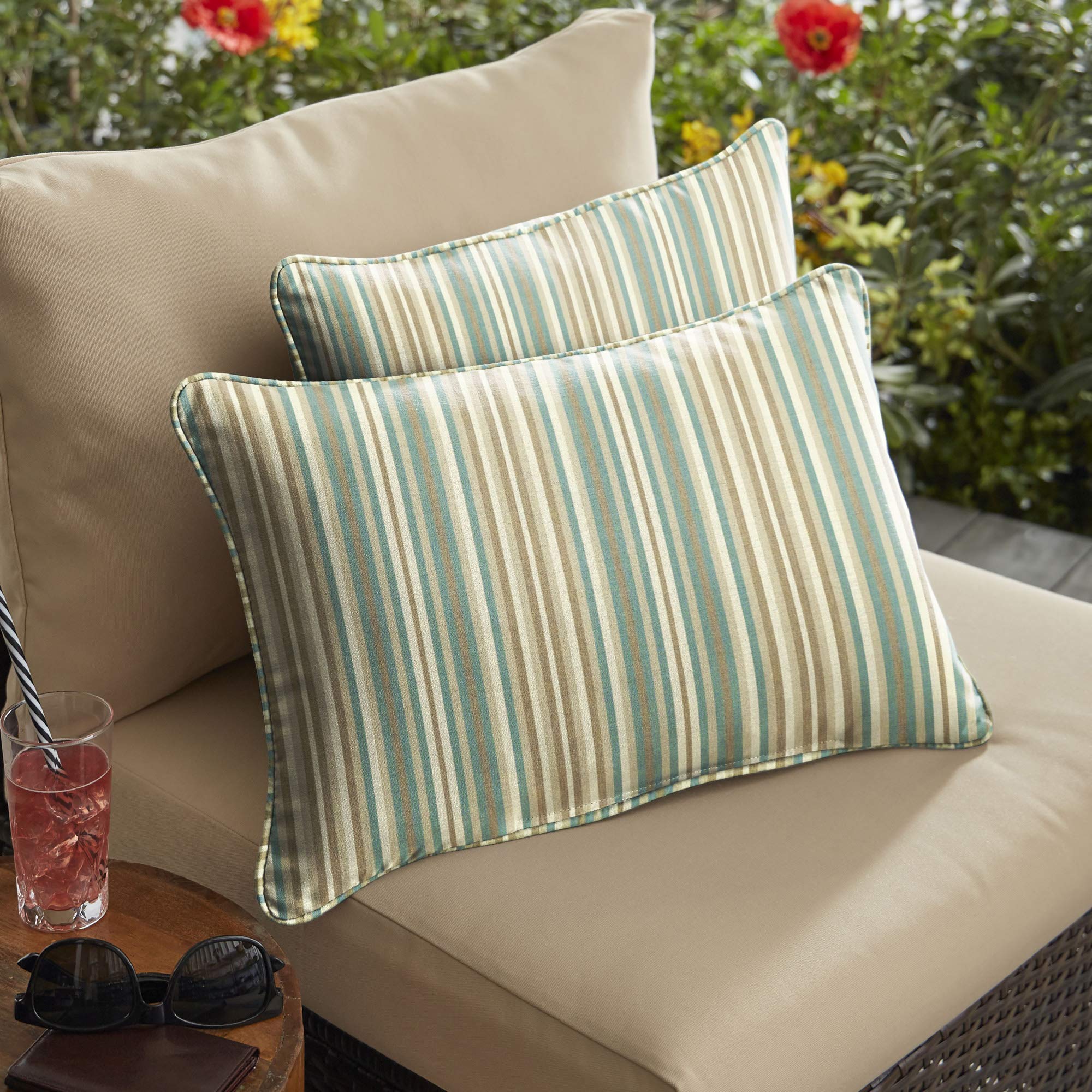 Set of 2 Green and Brown Striped Outdoor Pillows - 20 Inch Waterproof Decorative Throw Pillows for Patio, Garden, Poolside & Porch Furniture