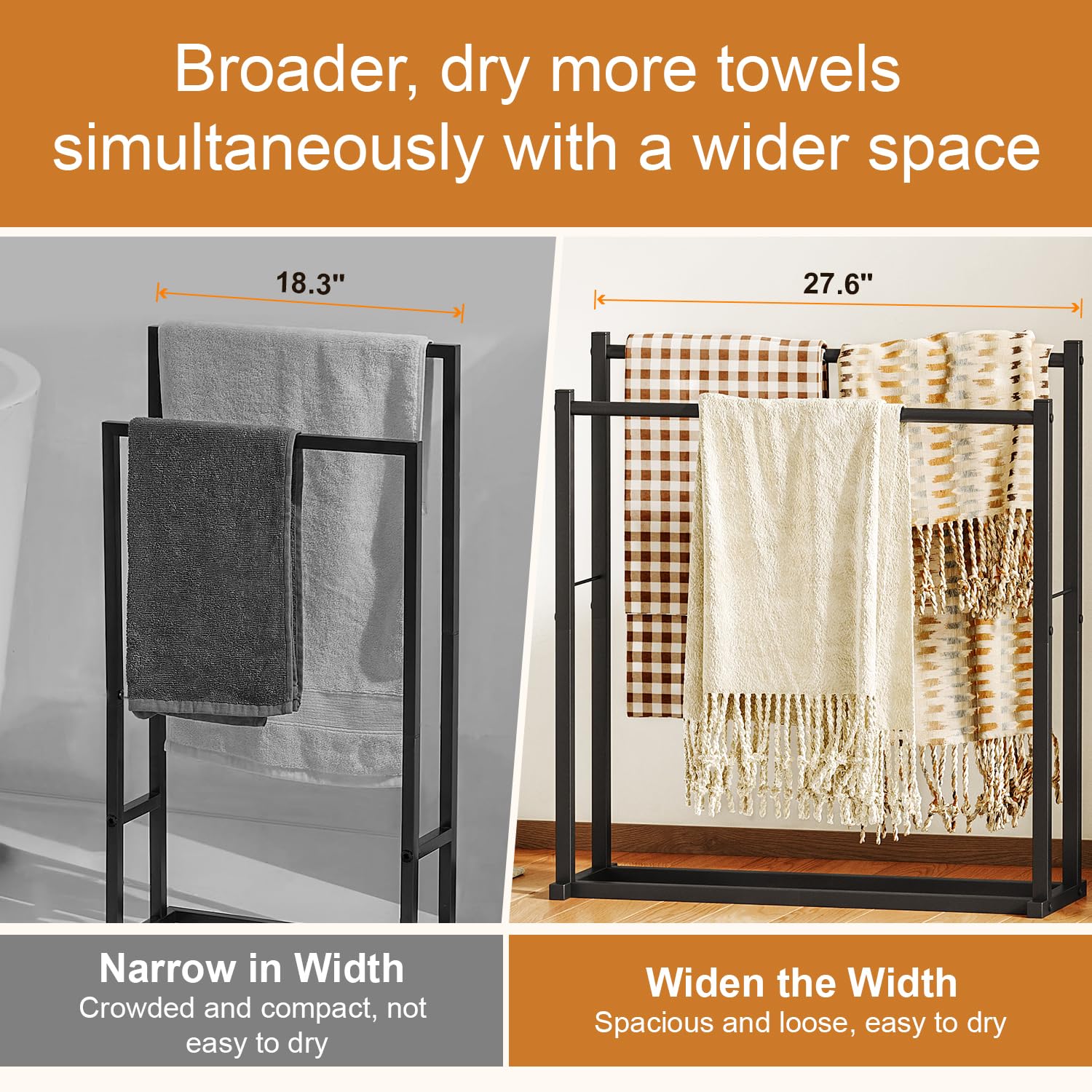 Honiter 2-Tier Free Standing Towel Rack for Bathroom & Outdoor Use - Wide Drying Rack for Oversized Bath Towels, Pool Blankets & Beach Towels - Black Space-Saving Storage Solution for Bathroom, Poolside & Laundry Room