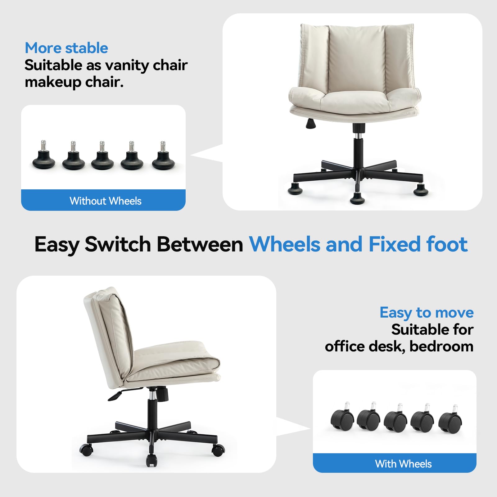 LEAGOO Criss Cross Chair with Wheels - Armless Cross Legged Office Chair, Comfortable PU Leather Desk Chair with Adjustable Height, Modern Swivel Computer Task Chair for Home Office - Perfect for Small Spaces, Meditation & Cross-Legged Sitting (Beige)