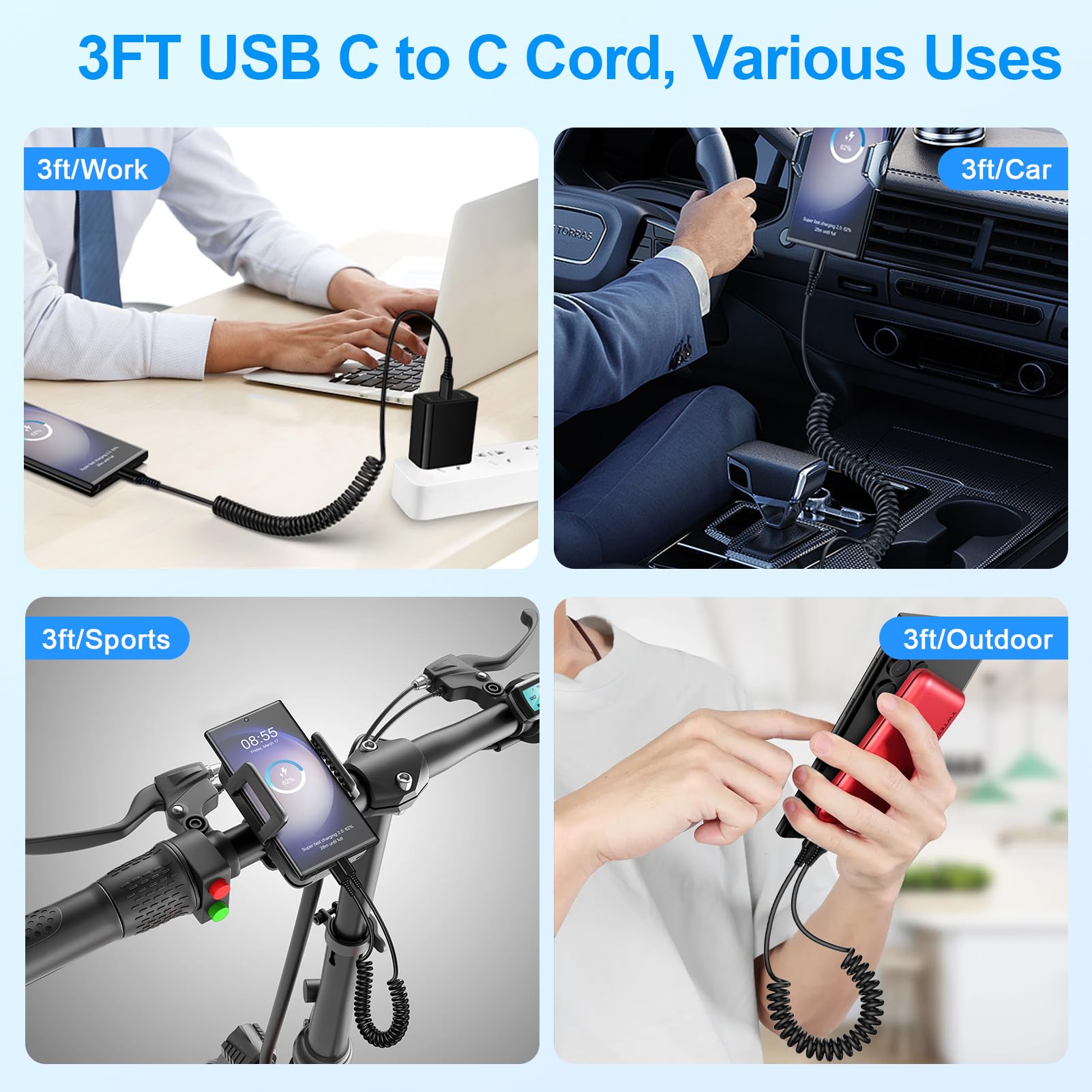 3ft Coiled USB C to USB C Fast Charging Cable - Compatible with iPhone 16/16 Pro Max, Samsung Galaxy S25 Ultra/S25+/A16 5G/S24 Plus FE/A35/A15 - Retractable Short Car Charger for Android Auto & CarPlay - Perfect for Road Trips & Daily Commuting