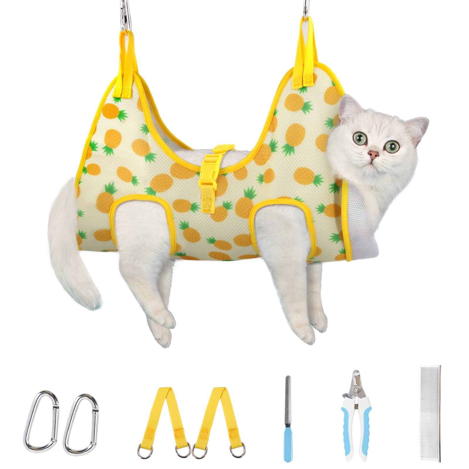 Supet Cat Grooming Hammock Harness for Cats & Dogs - Relaxing Pet Nail Trimming Sling with Pineapple Design - Safe & Comfortable Grooming Aid for Nail Care, Bathing & Vet Visits - Perfect for Anxious Pets During Grooming Sessions at Home or Professional Salons