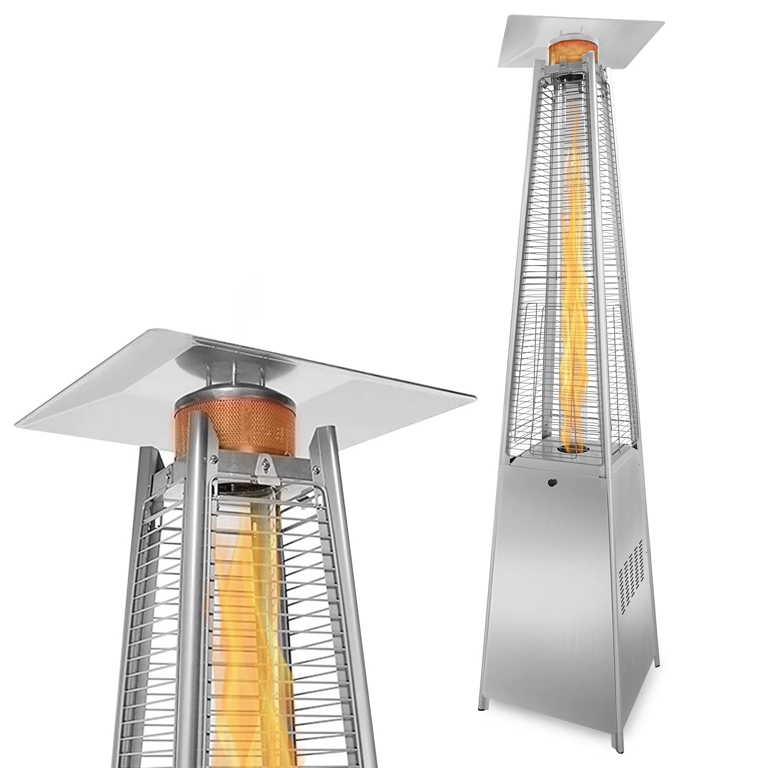 **48,000 BTU Outdoor Pyramid Propane Patio Heater with Wheels - Auto-Off Safety, Quartz Glass Tube & Stainless Steel - Commercial & Residential Use (87