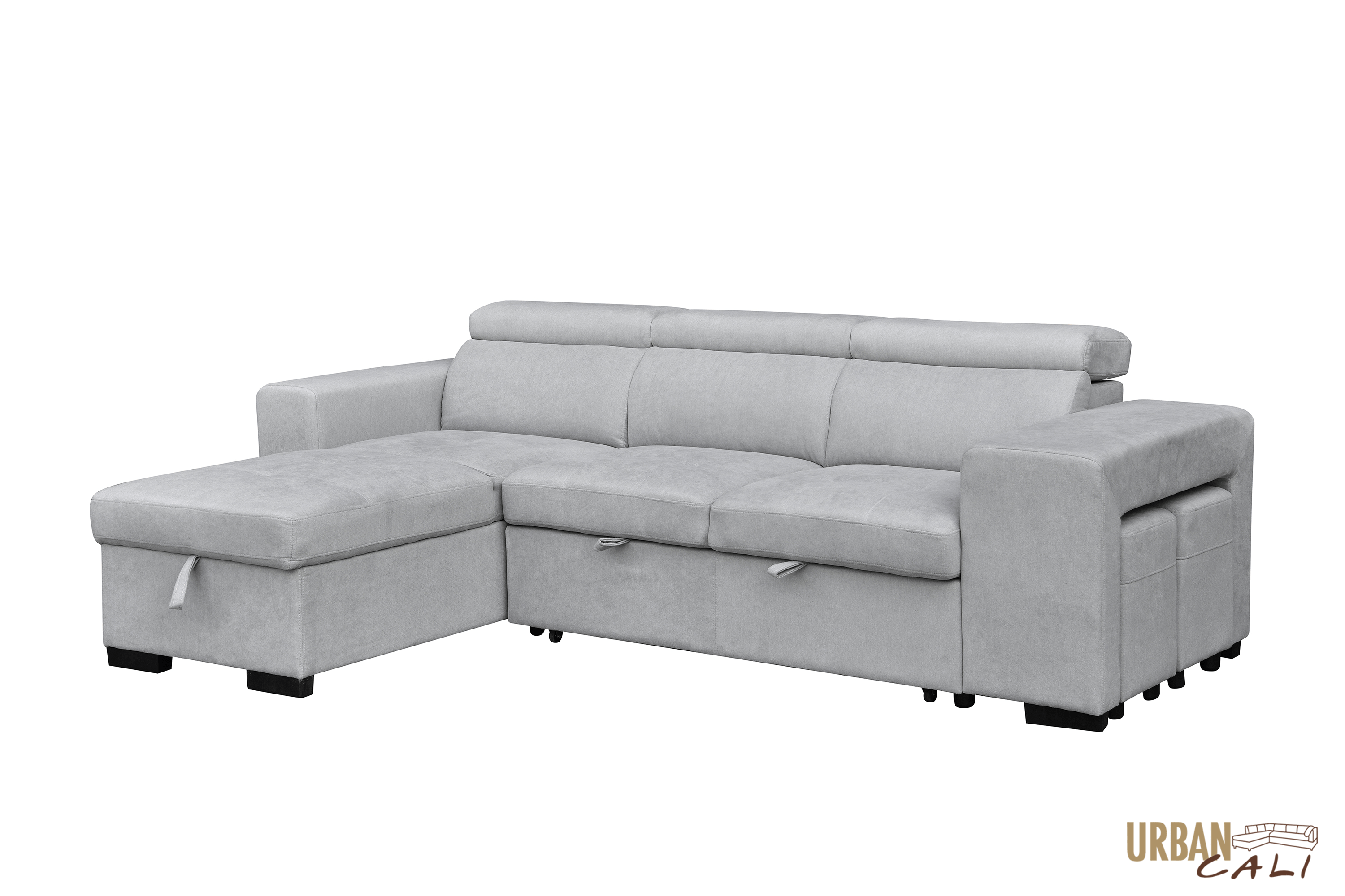 Sonoma Sleeper Sectional Sofa Bed with Reversible Storage Chaise & 2 Stools - Grey Canvas Fabric | Perfect for Small Spaces, Guest Rooms & Multi-Functional Living Areas