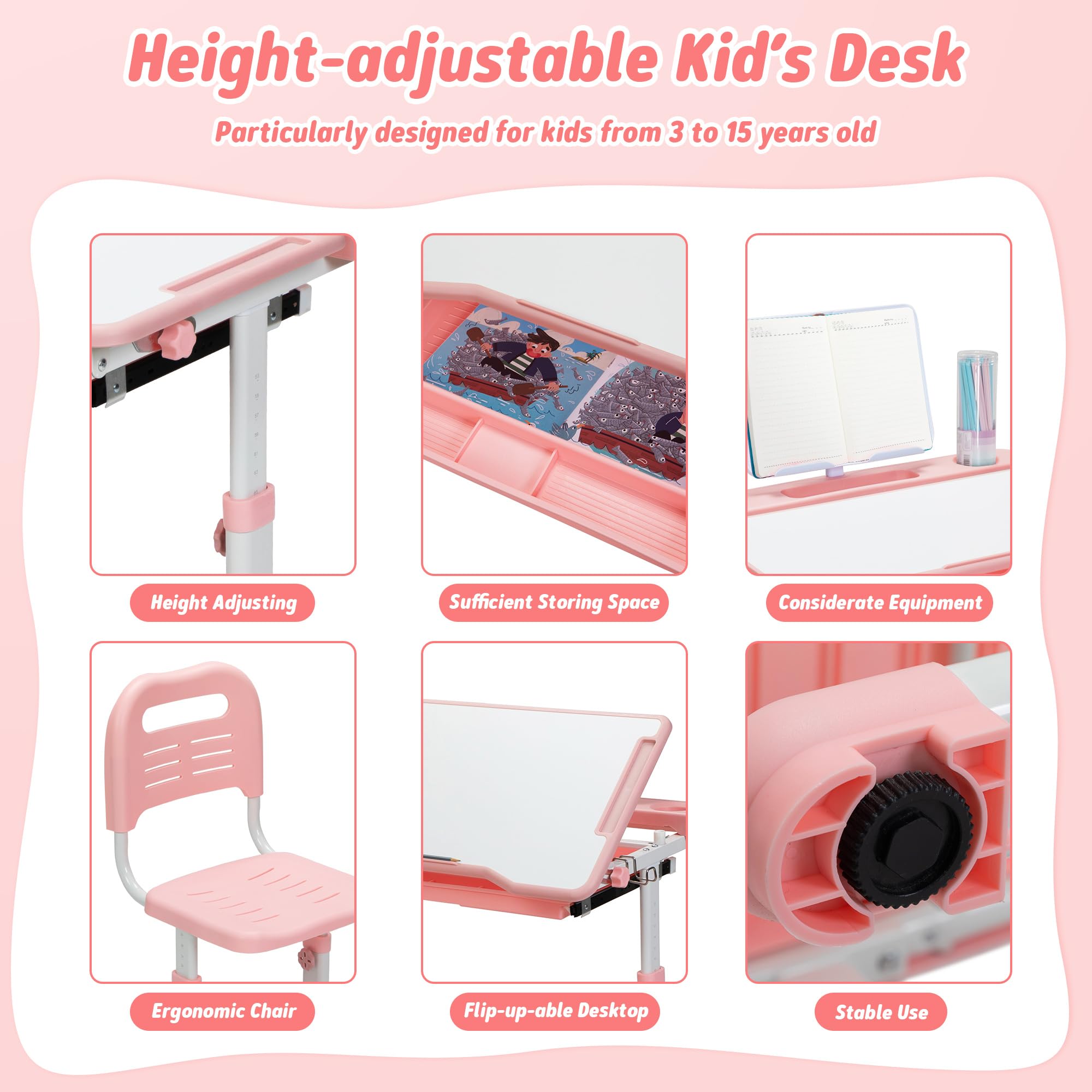 Adjustable Height Kids Desk and Chair Set with Storage - Multifunctional Study Desk for Boys & Girls, Tilt Desktop for Reading, Writing & Drawing - Perfect for Homeschooling & Online Learning (Pink)