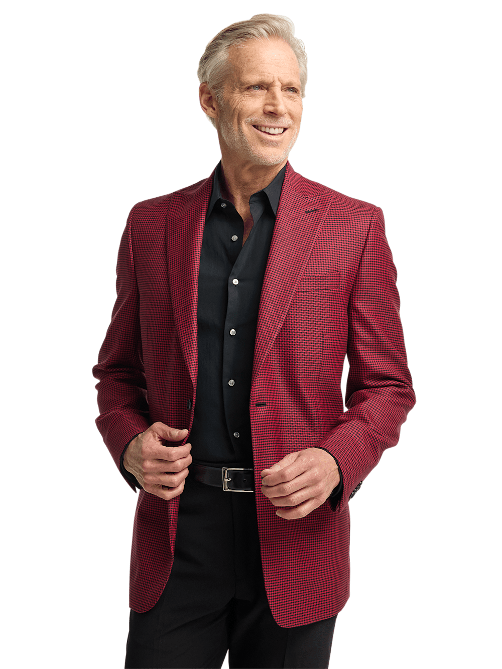 Premium Wool Houndstooth Single-Breasted Peak Lapel Blazer for Men - Classic Black/Red Checkered Pattern | Formal Business Attire & Special Occasion Wear