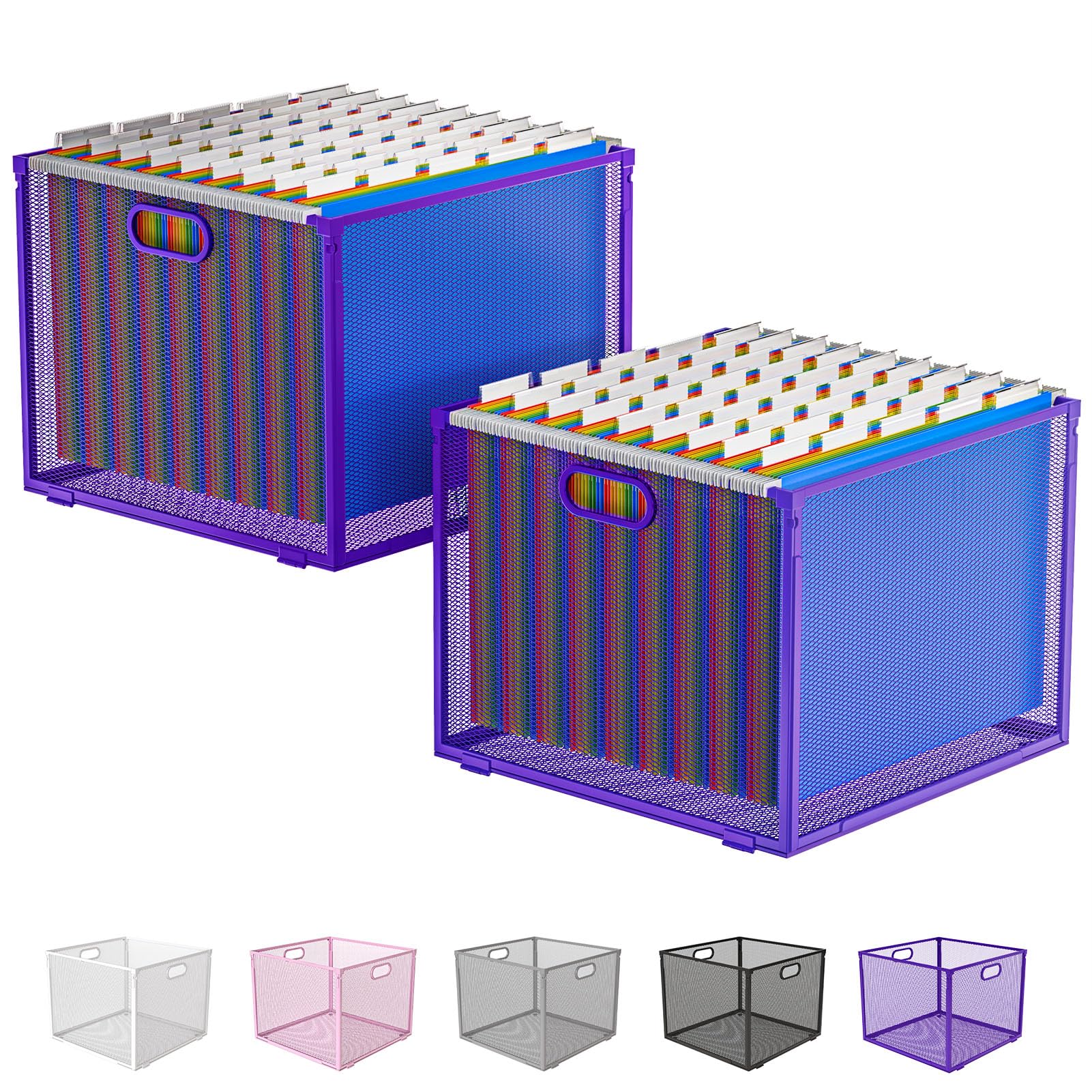 Oterri Metal Hanging File Organizer - 2 Pack Large Purple Mesh Desktop File Crate for Letter Size Folders | Portable Office, Home & School Organization | Perfect for Desk Storage, Document Filing and Workspace Organization
