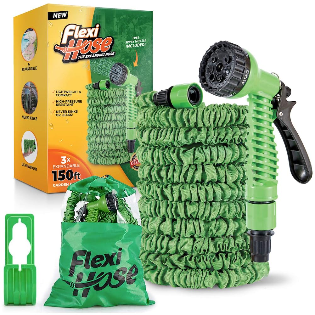 Flexi Hose Expandable Garden Hose 150FT - Heavy Duty Water Hose with 3/4-Inch Solid Brass Fittings, Retractable Design & Spray Nozzle Included - Green (45 Meters) - Perfect for Lawn Care, Car Washing, and Outdoor Watering