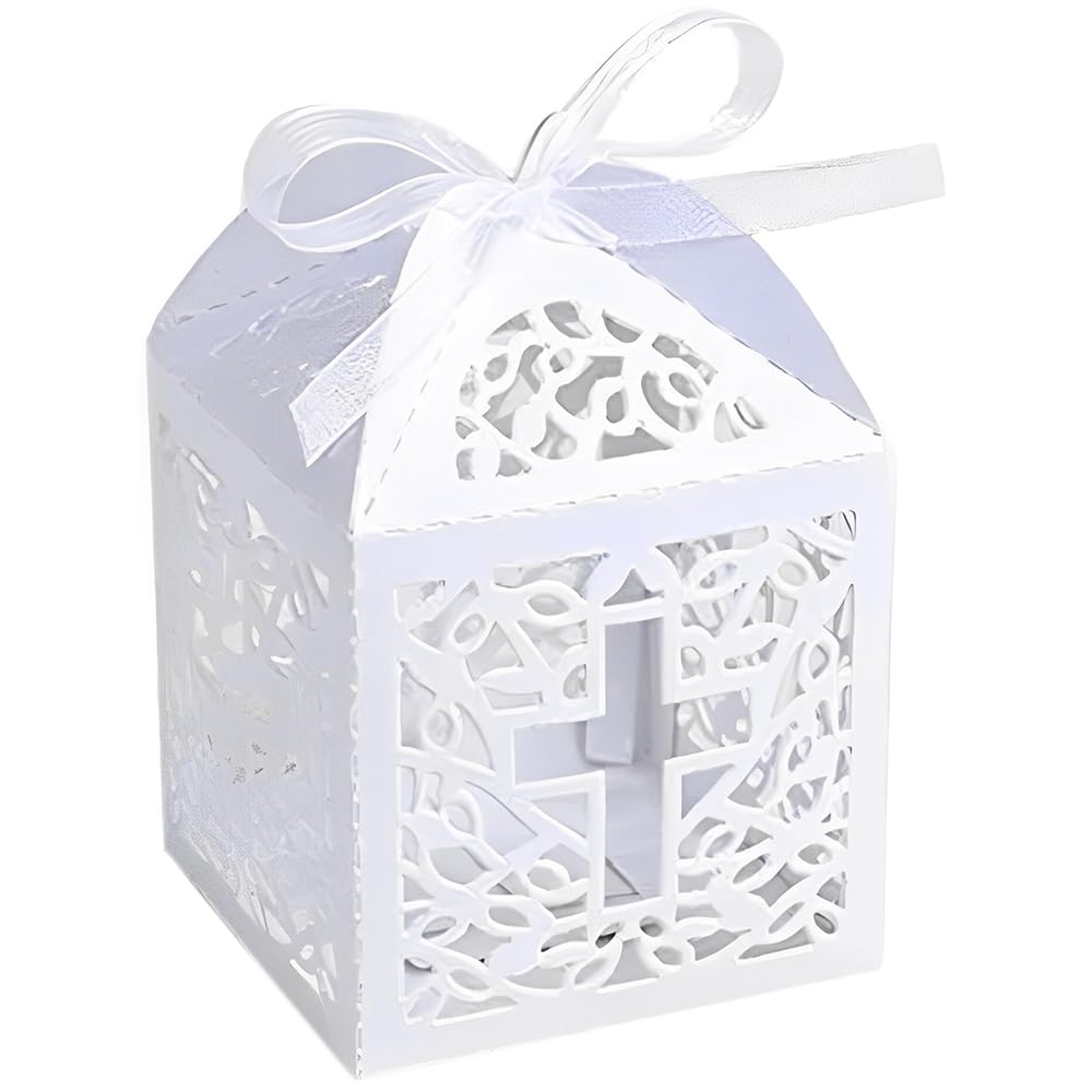 50PCS White Baptism Favor Boxes 2.2x2.2x2.2 Inch - Laser Cut Small Gift Boxes with 50 Ribbons for Baby Shower, Christening, First Communion Party Decorations - Perfect for Church Events, Religious Celebrations & Wedding Favors