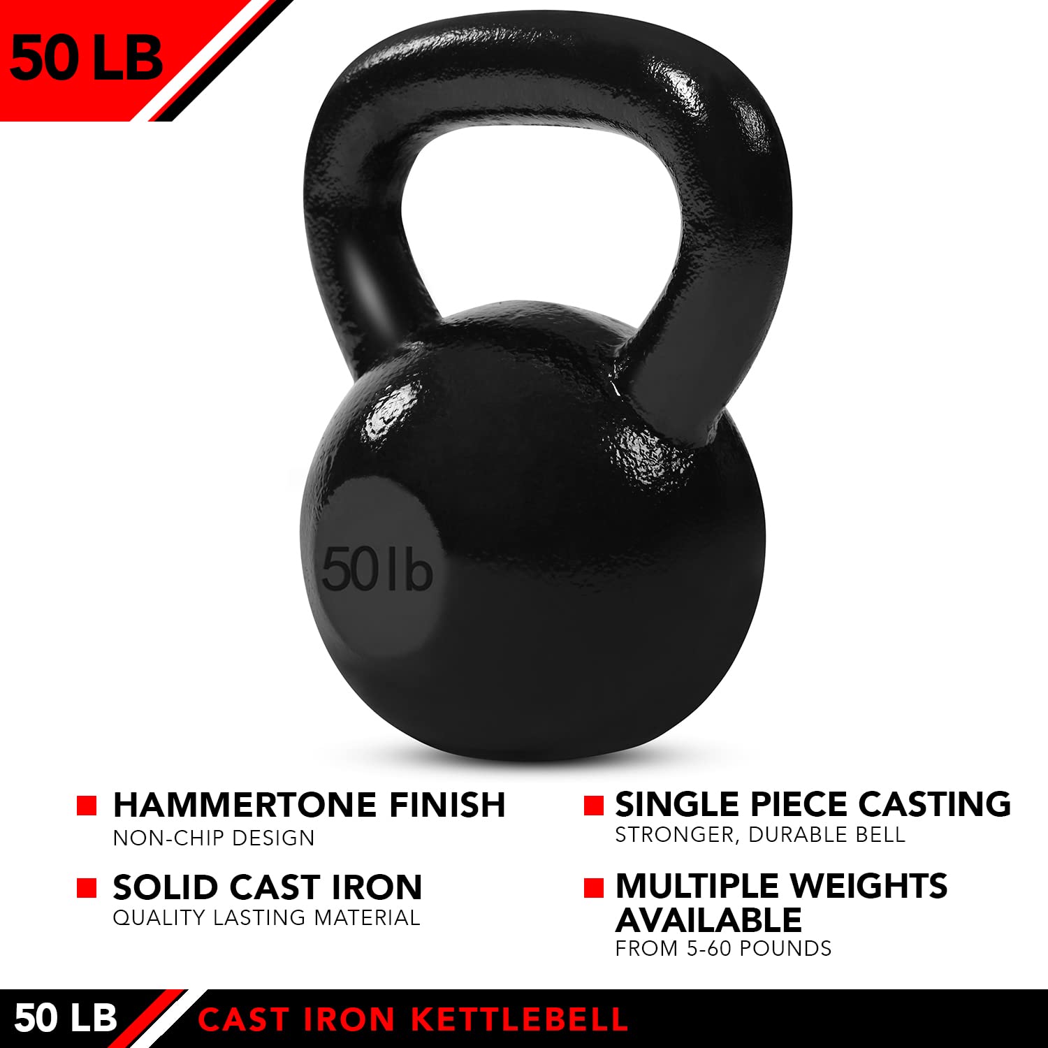 JFIT Cast Iron Kettlebell Weights 5-60lbs for Ballistic Exercise, Core Strength & Functional Training - Free Weight Equipment for Home Gym, CrossFit, HIIT Workouts & Strength Training
