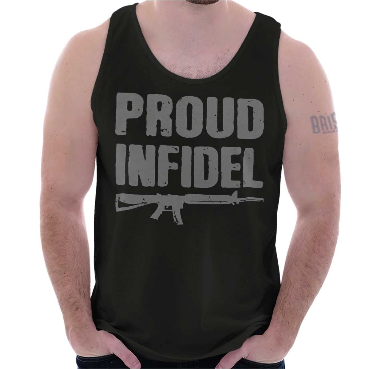 Brisco Brands Proud Infidel Patriotic American USA Flag Tank Top T-Shirts for Men & Women - Perfect for 4th of July, Veterans Day & Patriotic Events