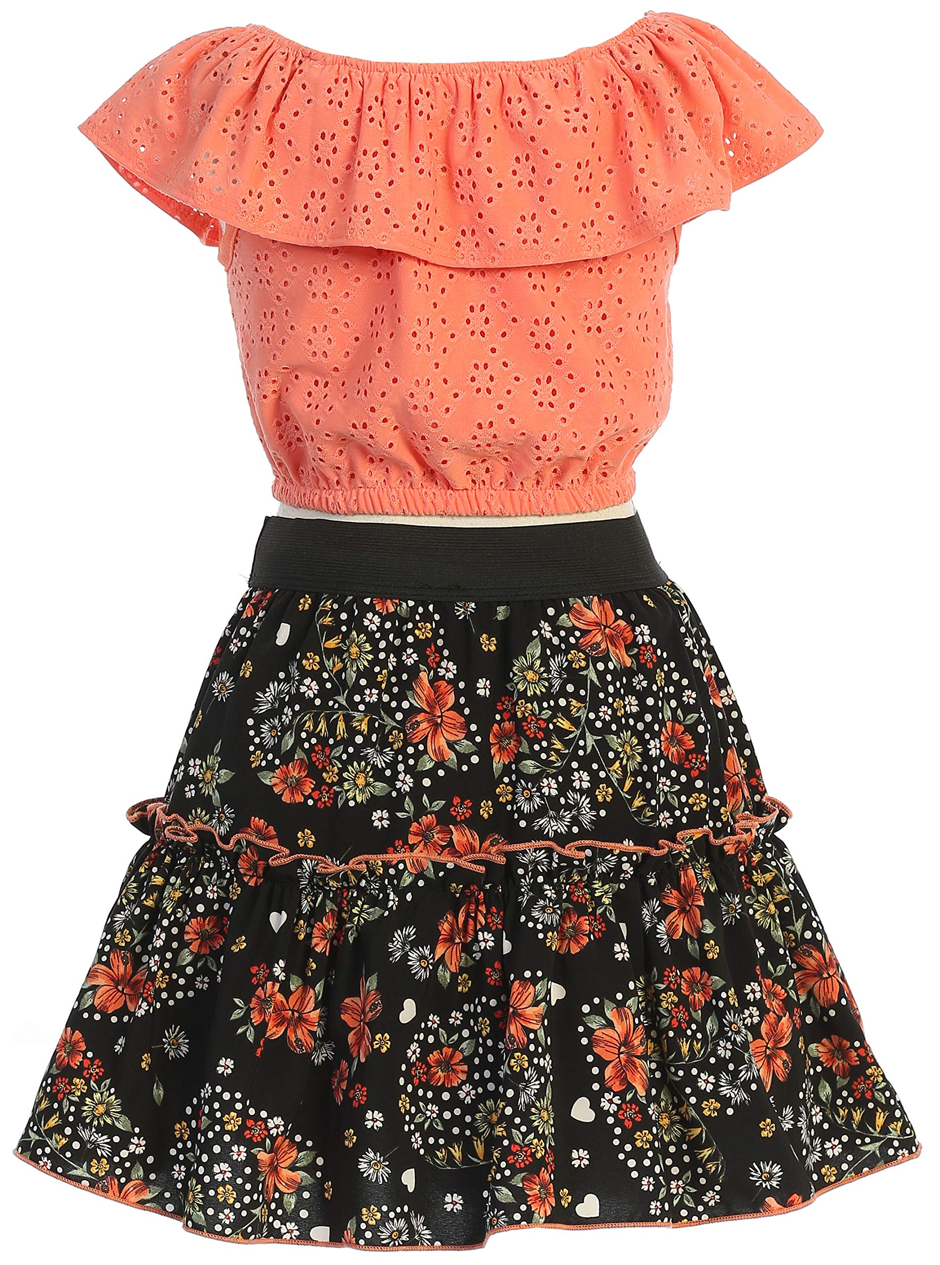 2-Piece Cold Shoulder Top & Skirt Set for Girls - Floral Print Flower Girl Party Dress Outfit | Perfect for Weddings, Birthday Parties & Special Occasions