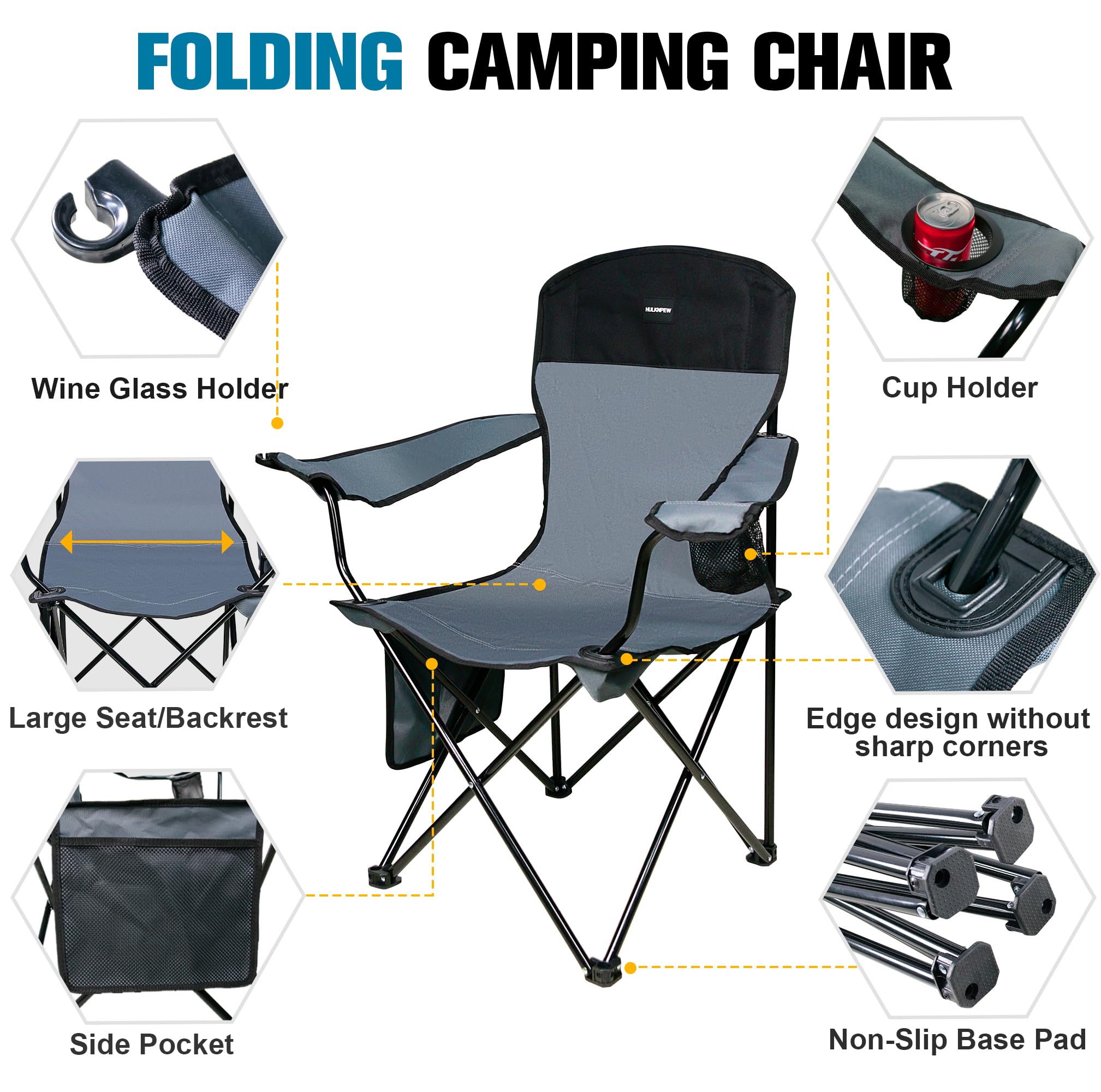 Portable Folding Camping Chair with Side Pocket & Cup Holder - Lightweight Foldable Outdoor Chair for Camping, Hiking, Beach, Picnics, Fishing, Backyard - Compact Travel Chair with Wine Glass Holder & Carry Bag - Perfect for Outdoor Adventures, Tailgating and Relaxing in Nature