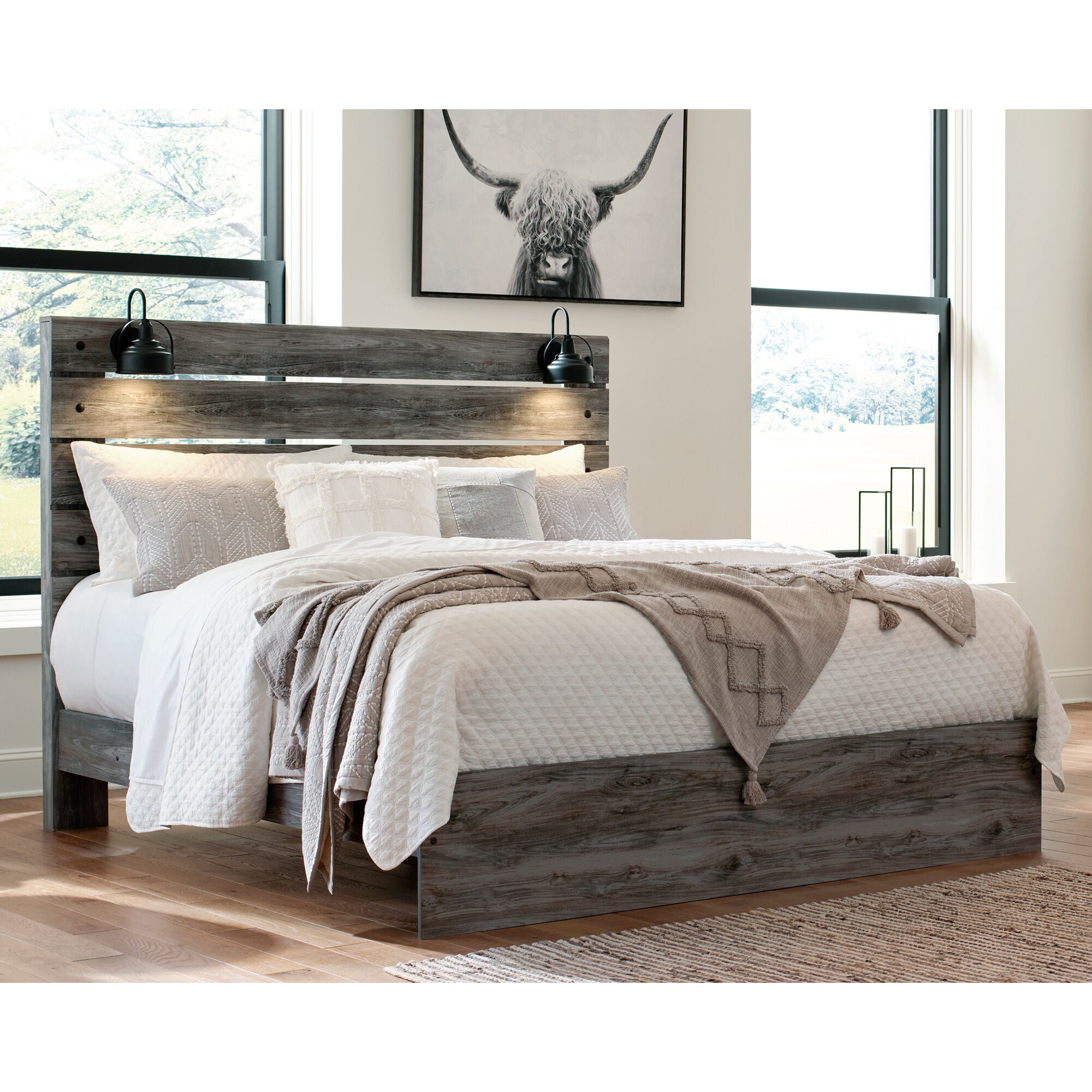 Baystorm Queen Panel Bed with USB Charging Sconces - Modern Upholstered Bed Frame with LED Night Lights for Bedroom, Master Suite & Guest Room