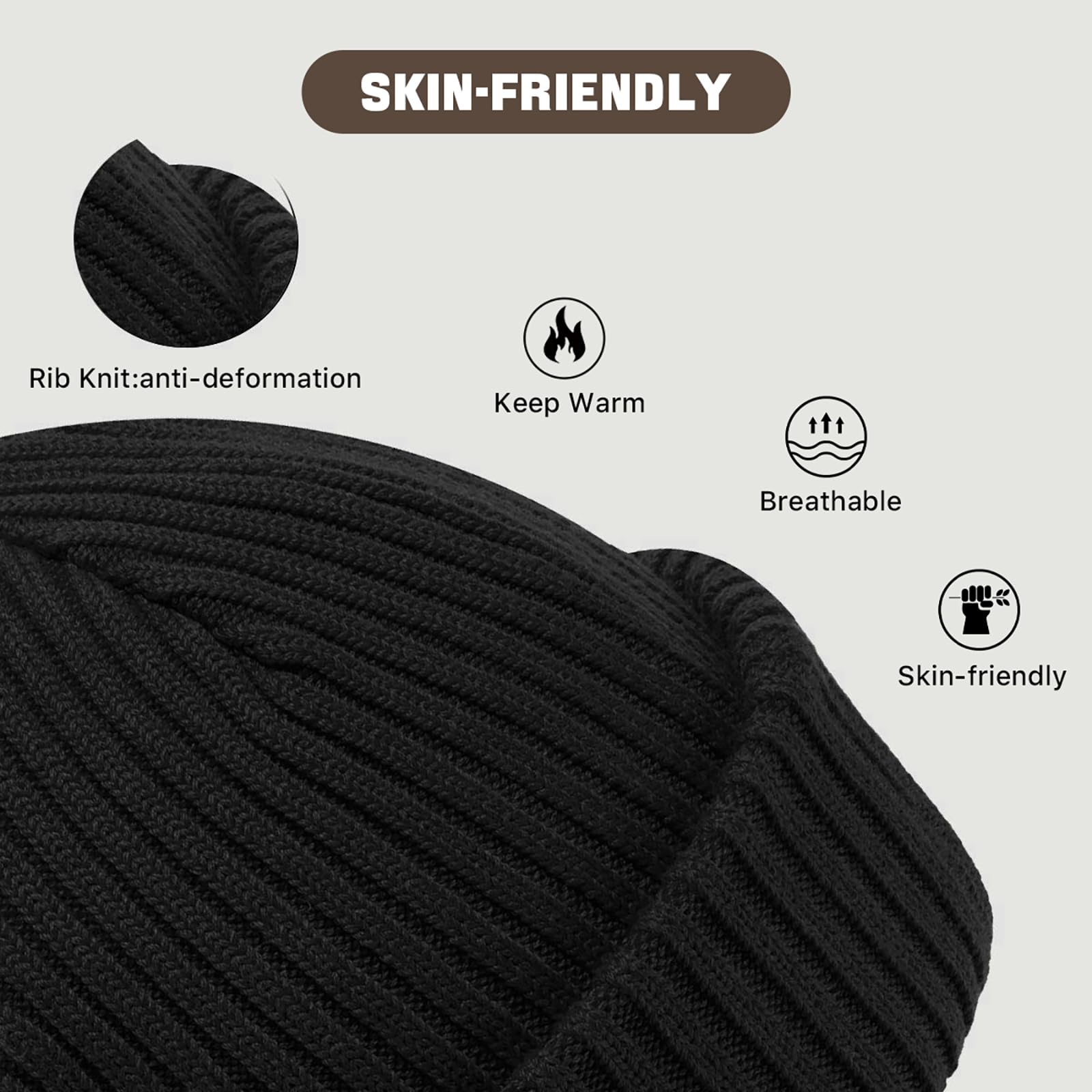 BROKIG 2 in 1 Black Balaclava Ski Mask - Warm Stretchy Soft Face Cover & Beanie Hat for Men - Winter Sports, Snowboarding, Motorcycle Riding, Outdoor Activities