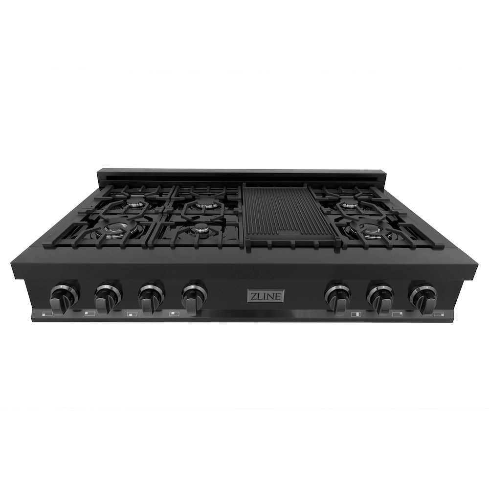 ZLINE 48 Inch Black Stainless Steel Gas Rangetop with 7 Burners & Porcelain Cooktop - Professional Grade Stove for Home Kitchen, Restaurant & Commercial Use (Model RTB 48)