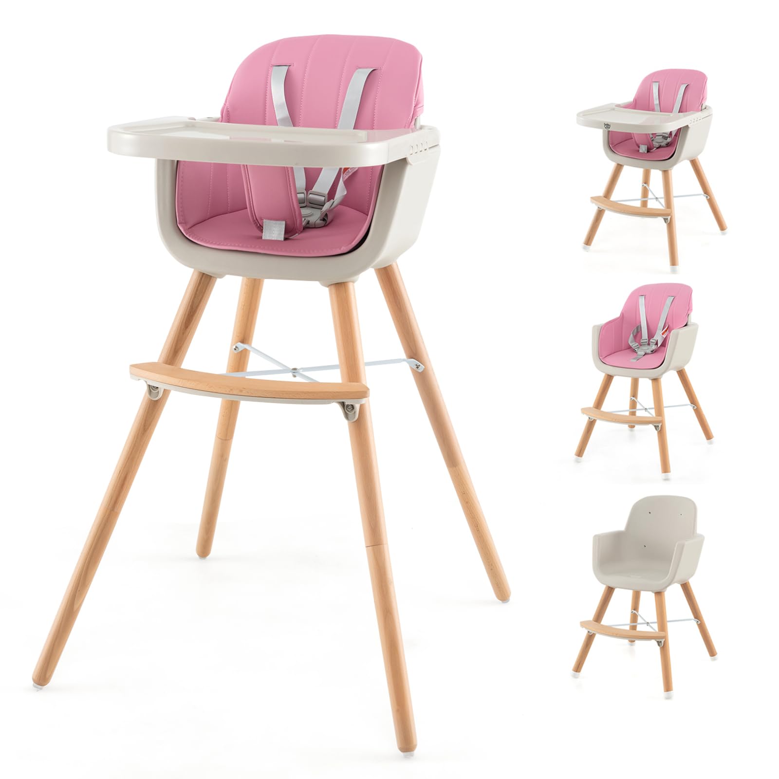 HONEY JOY 3-in-1 Wooden High Chair for Babies & Toddlers - Convertible Booster Seat with Removable Tray, 5-Point Safety Harness, PU Cushion & Adjustable Footrest - Perfect for Dining, Feeding & Learning (Pink)