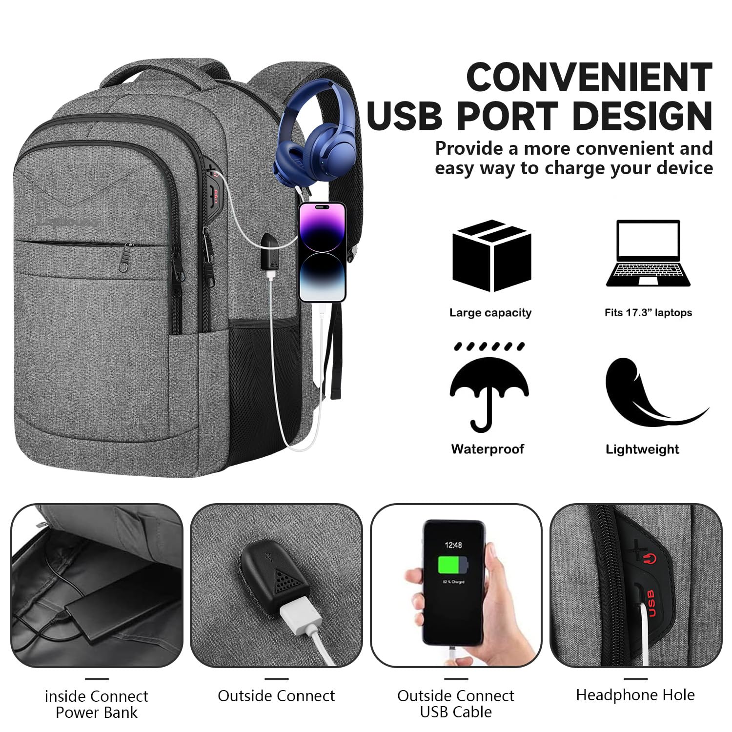 Lapsouno Extra Large 17 Inch Laptop Backpack - Anti-Theft USB Charging Travel Backpack for College & Work - Water Resistant Computer Bag for Men & Women (Grey) - Perfect for Business Trips, Commuting & School