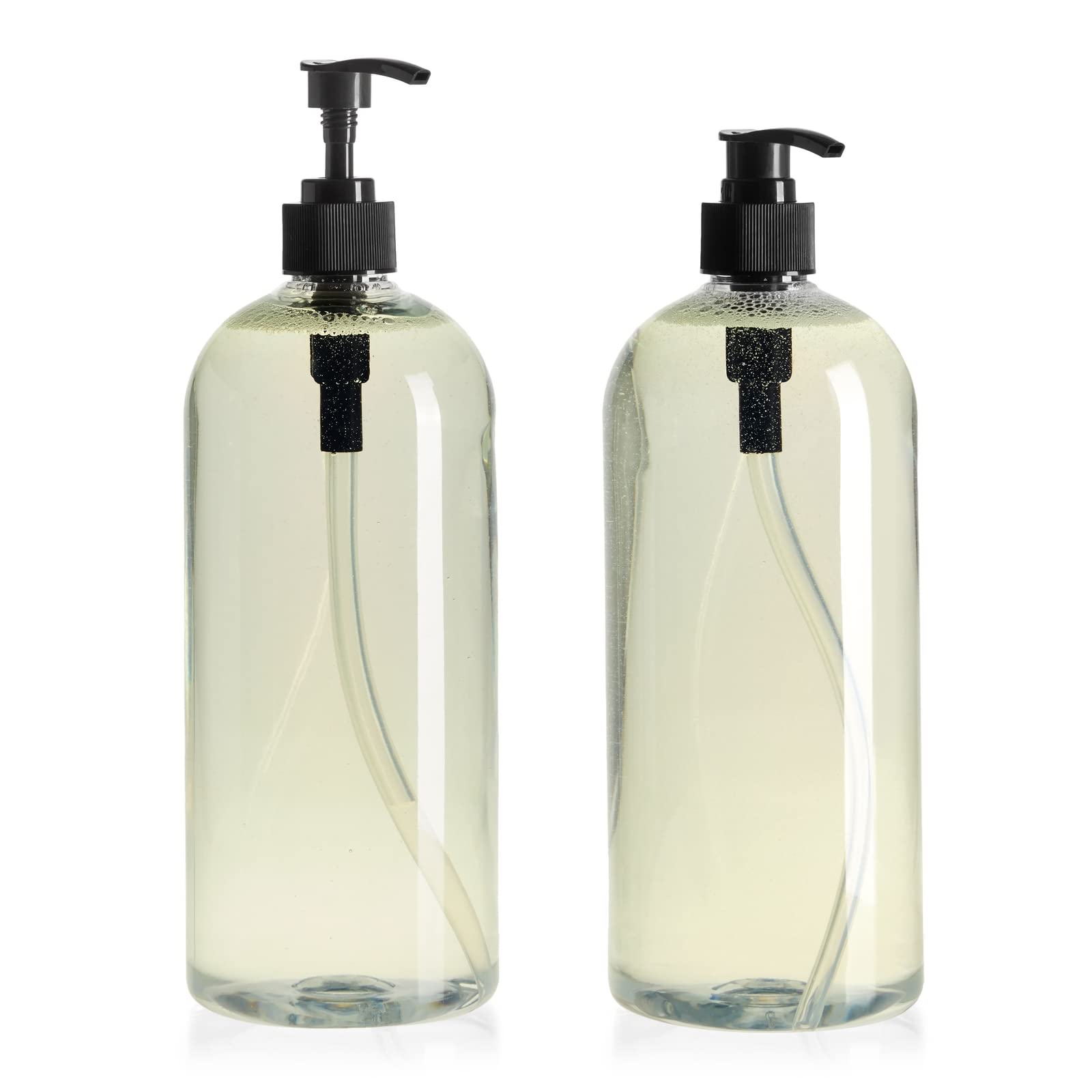 Okuna Outpost 32 oz Refillable Pump Bottles - 4 Pack Clear Shampoo & Conditioner Dispensers with Black No-Spill Pumps - Ideal for Hand Soap, Body Wash, Lotion & Travel Toiletries - Perfect for Home, Salon & Gym Use