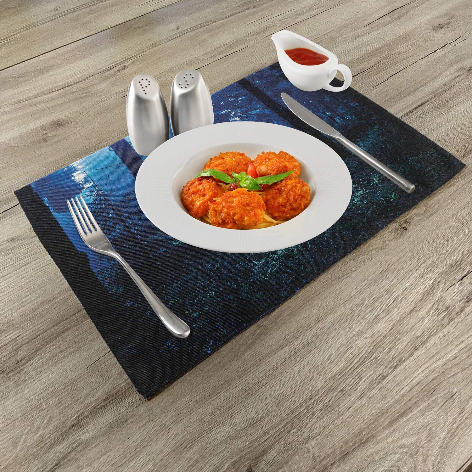 Ambesonne Set of 4 Washable Fabric Placemats - Misty Autumn Forest in Thuringia Germany, Blue Green White Nature Design for Dining Table & Kitchen Decor | Perfect for Fall Dinner Parties, Holiday Gatherings & Cozy Family Meals