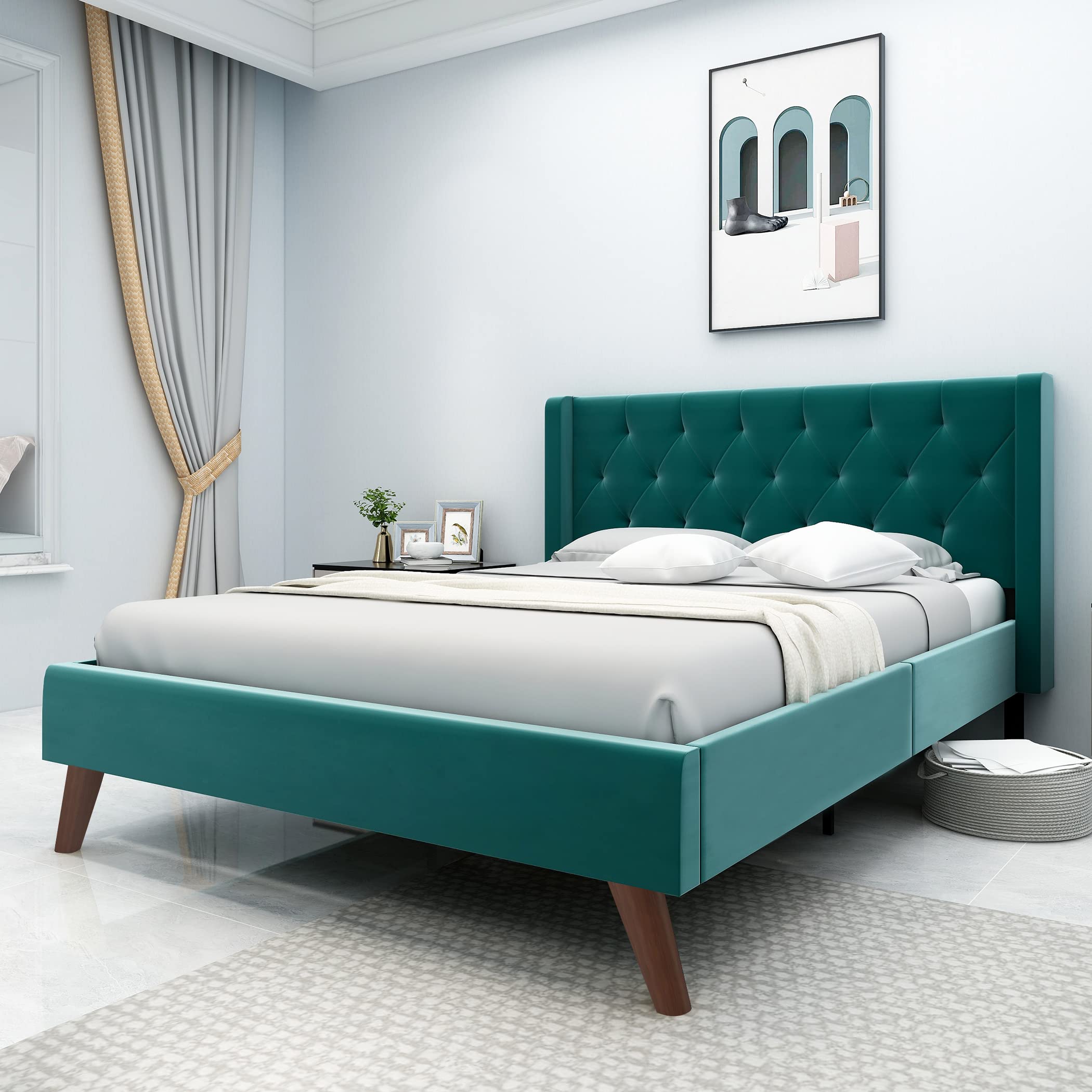 Luxury Velvet Upholstered Queen Size Bed Frame with Wingback Design & Wood Slat Support - No Box Spring Needed - Tufted Headboard - Dark Green - Perfect for Master Bedroom & Guest Room Decor